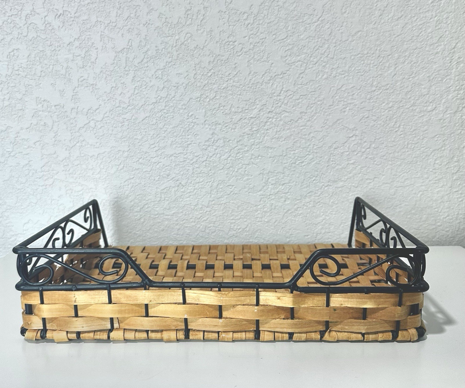 Letter Holder Wicker and Black Metal Desktop Tray Organizer Rustic