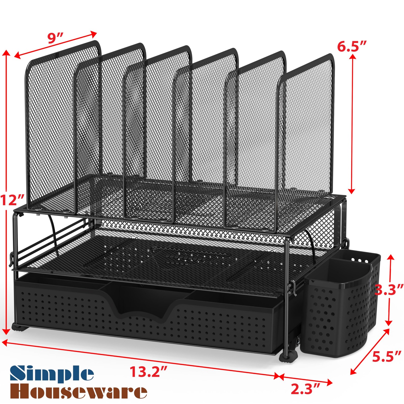 Mesh Desk Organizer with Sliding Drawer, Double Tray and 5 Upright Sections, …
