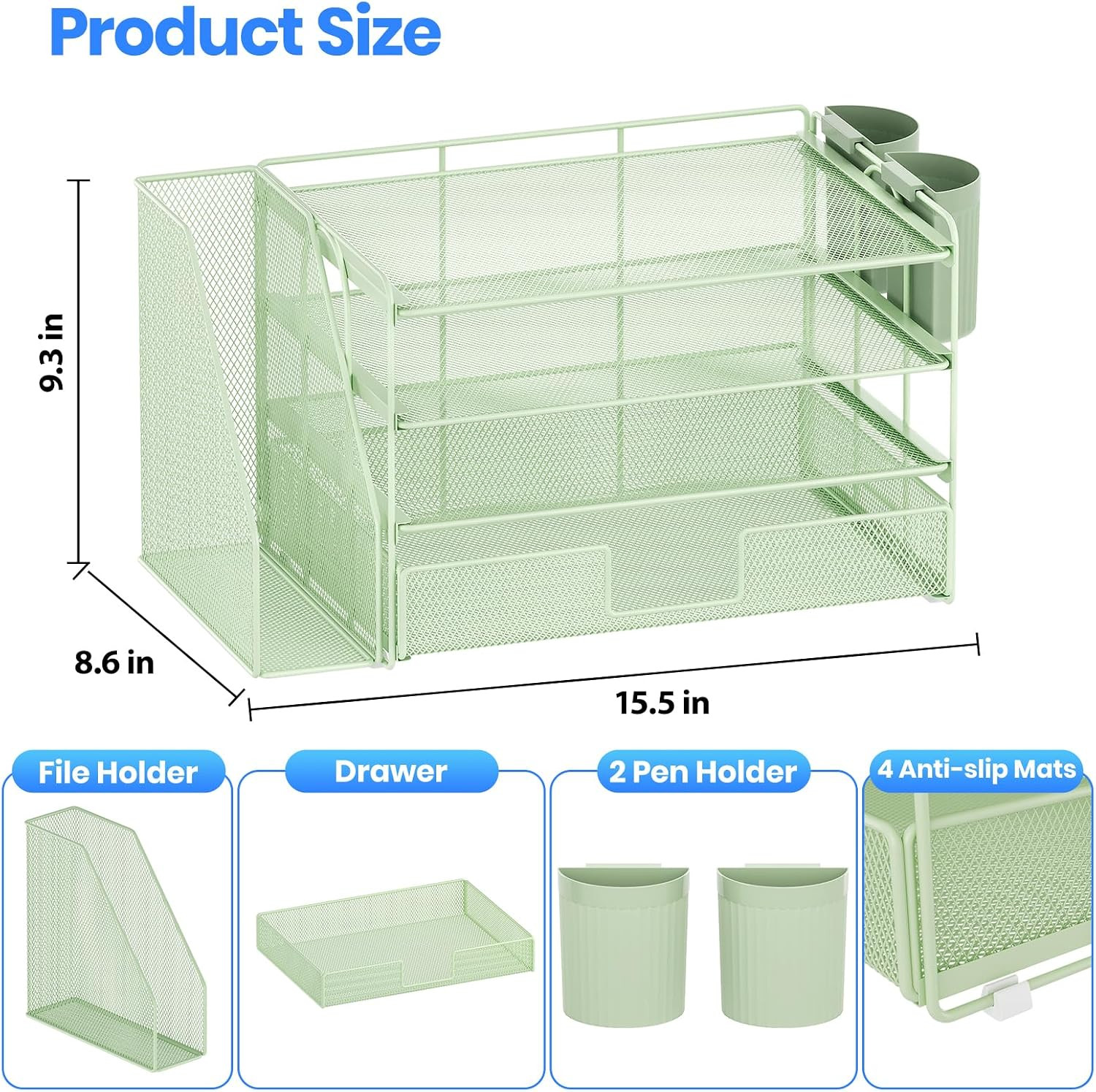 Desk Organizer, 4-Tier Desktop File Organizer with Drawer and 2 Pen Holders, Off