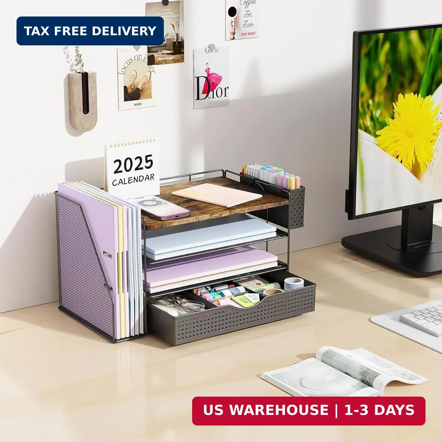 gianotter Wood Desk Organizers and Accessories with File Holder, 4-Tier Desk Acc