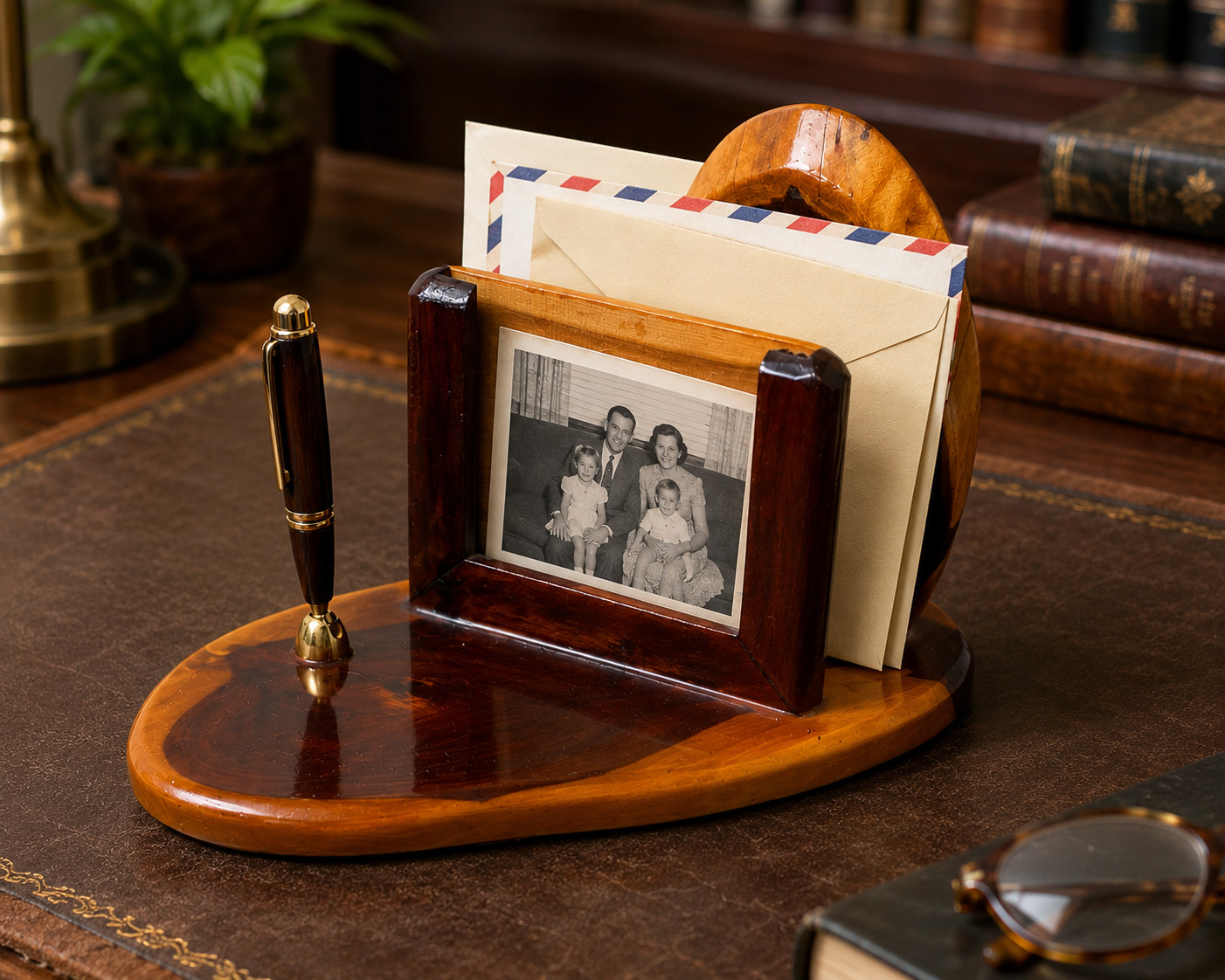 Vintage Wooden Desk Organizer Letter Holder Photo Frame Pen Holder Handmade MCM