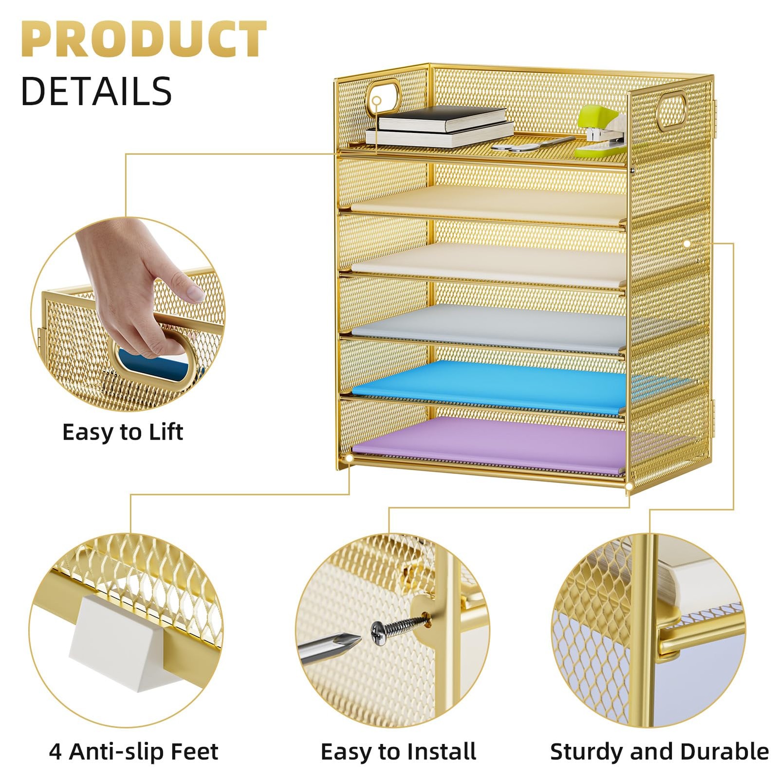 Paper Letter Tray Organizer – 6 Tier Mesh File Organizer with Handle, Paper S…