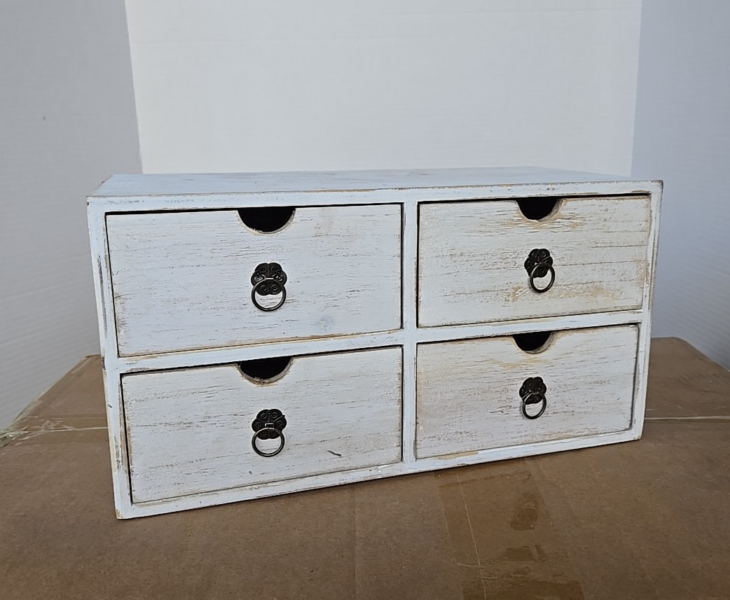 SeekElegant Wooden Desktop Organizer w/ 4 Drawers, White Washed NEW (40B)