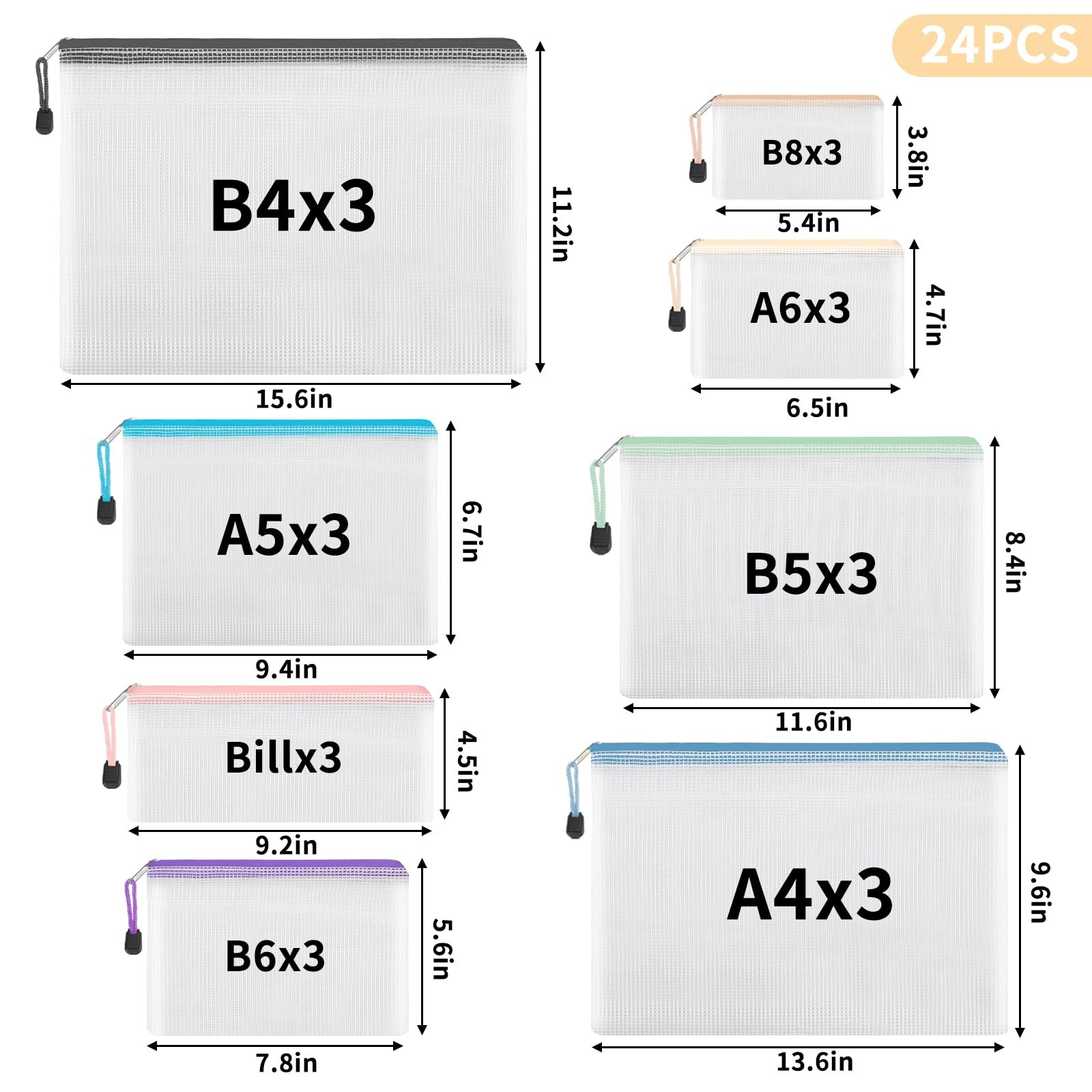 24 PCS Mesh Zipper Pouch Waterproof Zipper Bags 8 Sizes 8 Colors Plastic Travel