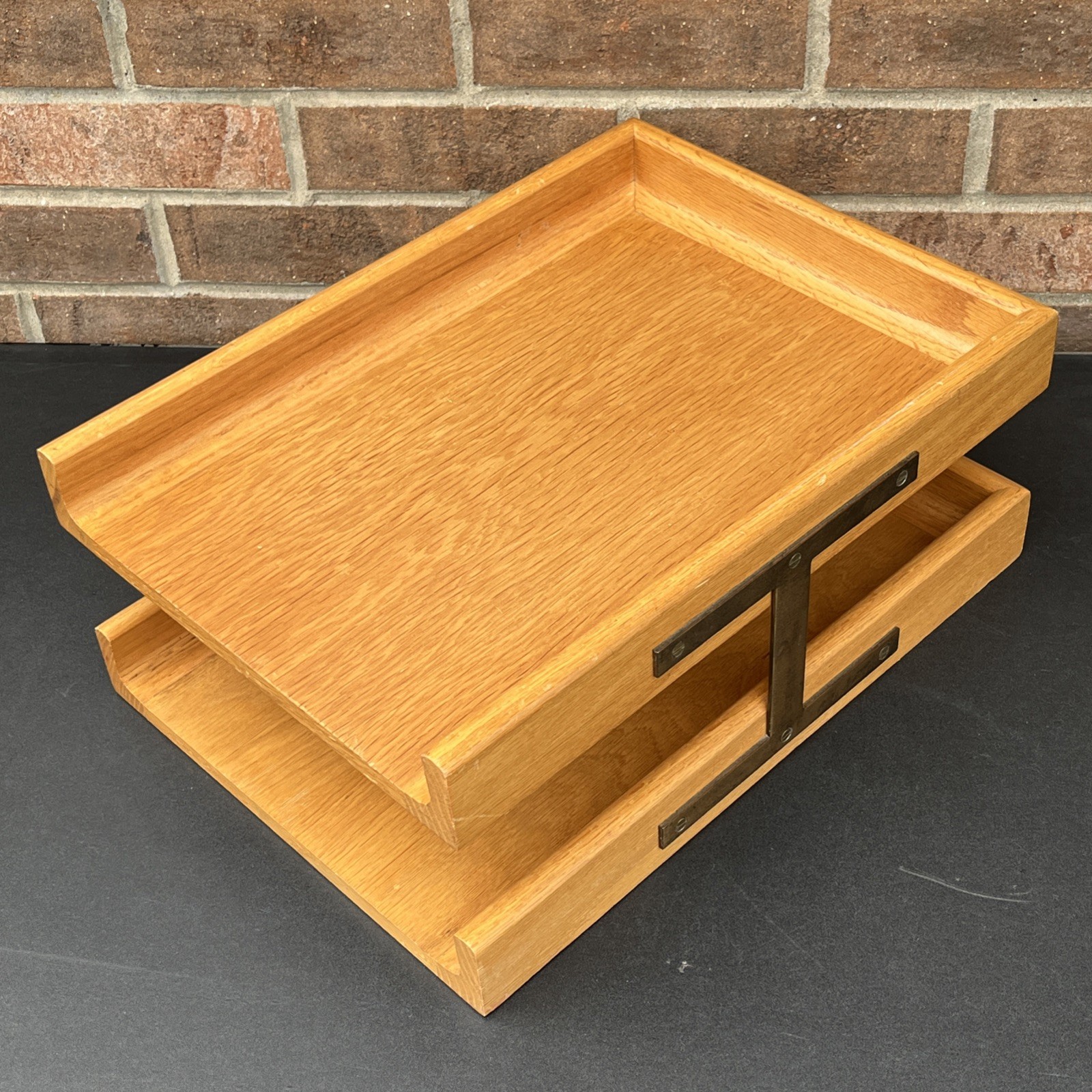Vintage Peter Pepper Products Oak Double File Tray MCM Wood Desk