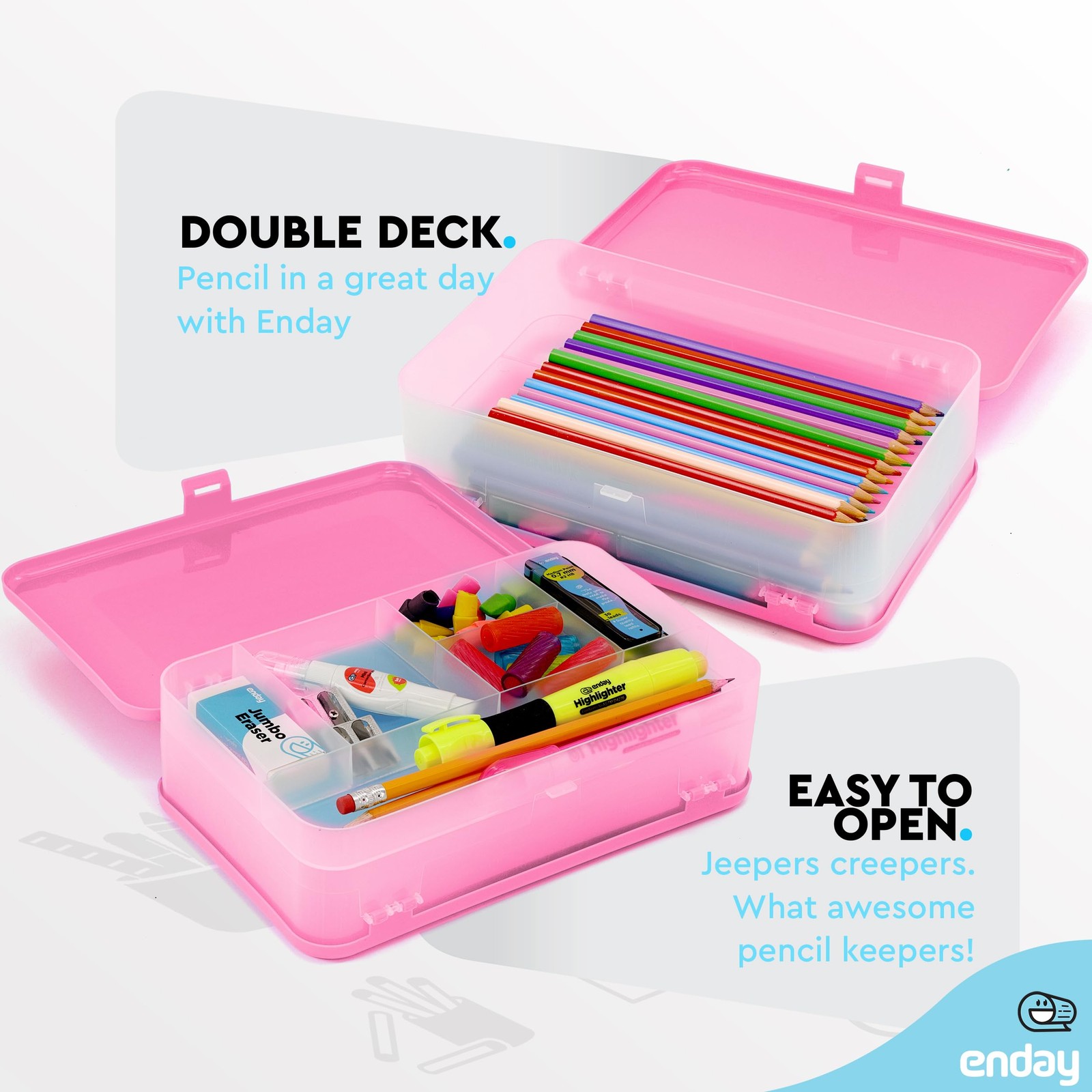 Large Plastic Pencil Box Double Layer Storage Case 12 Compartments Pink