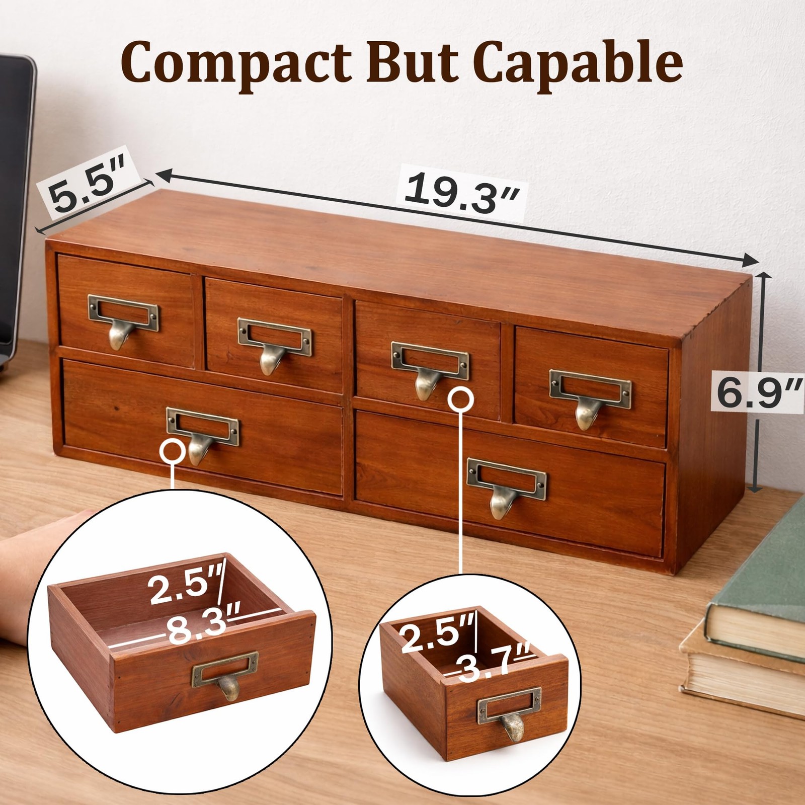 6 Drawer Vintage Apothecary Desk Organizer, Wooden Card Catalog Storage Brown