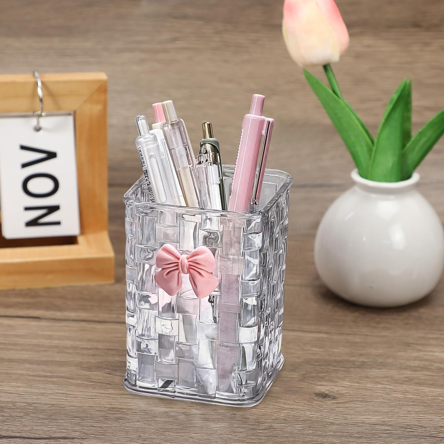 Clear Acrylic Desk Pen Holder, Non-Slip Pencil Organizer with Bow Decoration, Mu