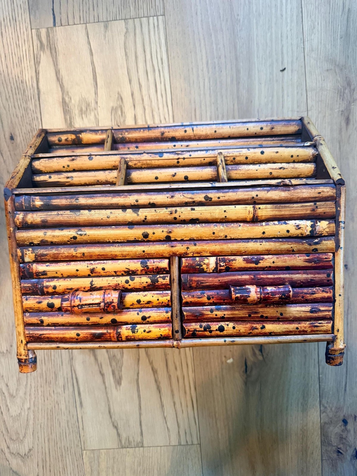 Vintage Bamboo Desk Organizer Letter Holder with Drawers | Boho Office Storage |