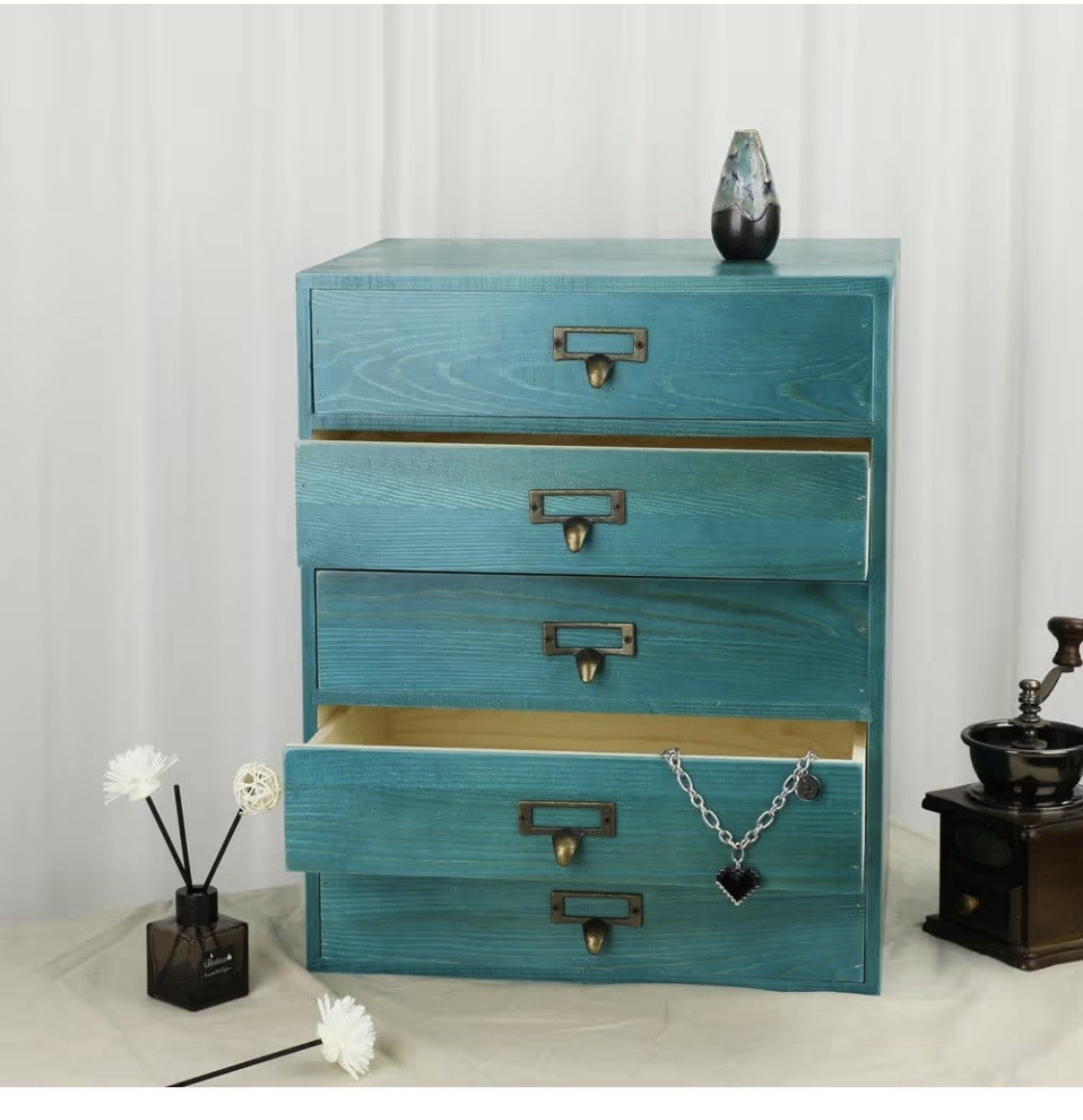 Large Wooden Drawers Rustic Desk Organizer (Blue)