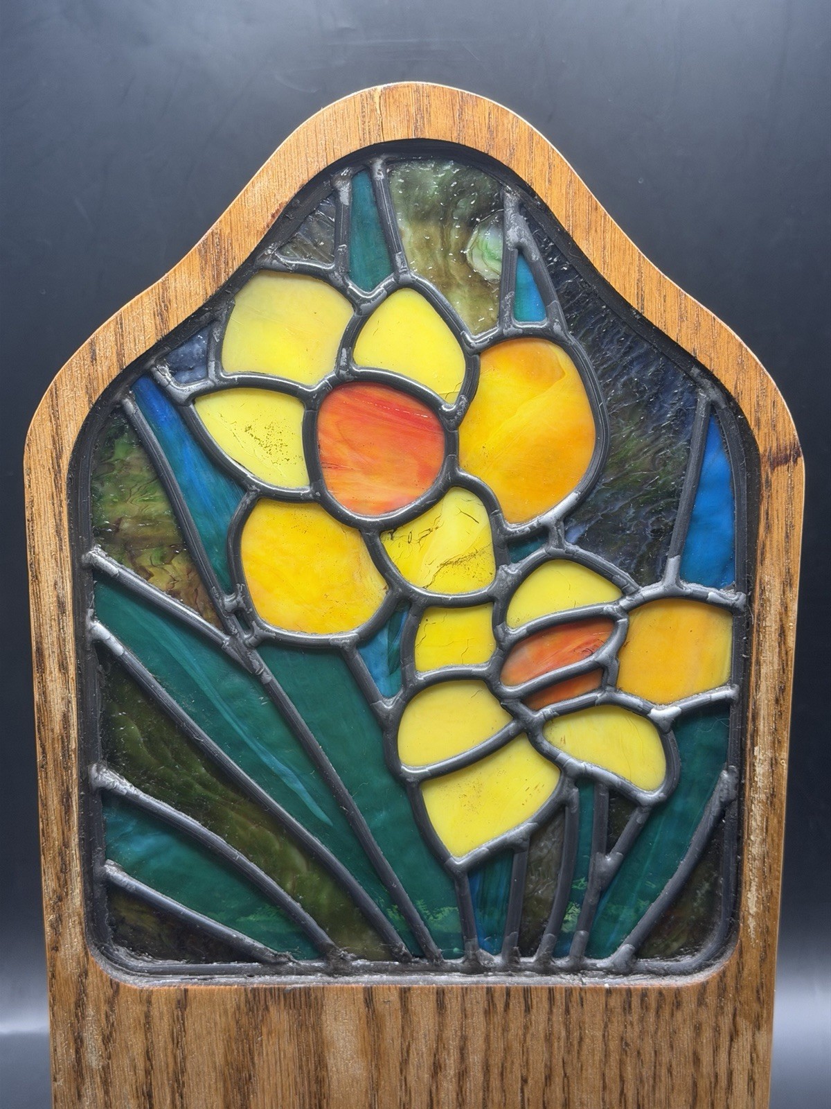 VTG MCM Rare Wooden Desk Organizer Tiffany-Style Stained Glass Flower Design