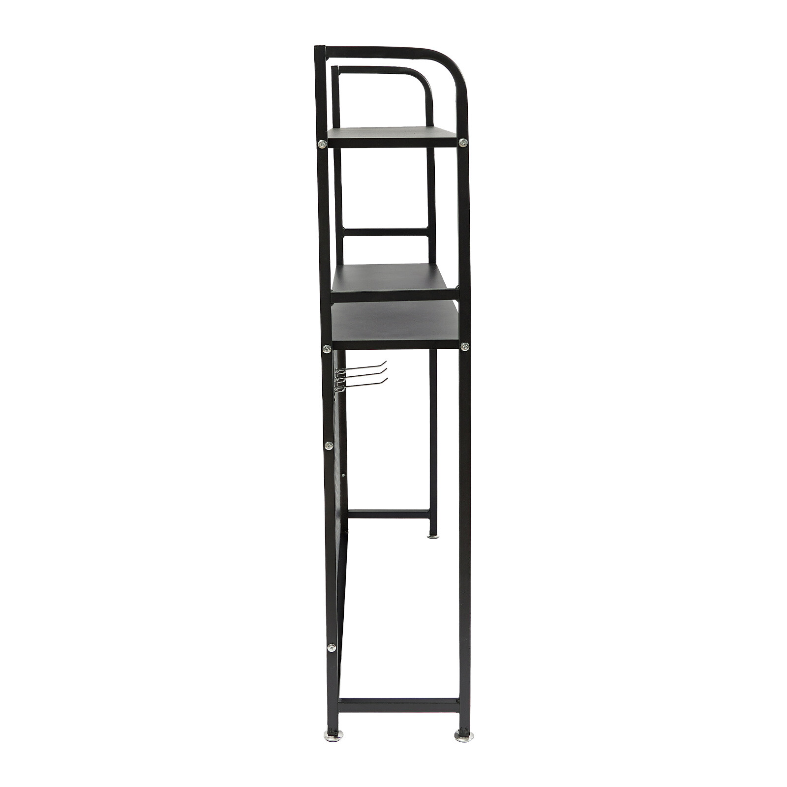 2-Tier Desktop Storage Rack with 3 Hooks, Black Carbon Steel Tabletop Shelf
