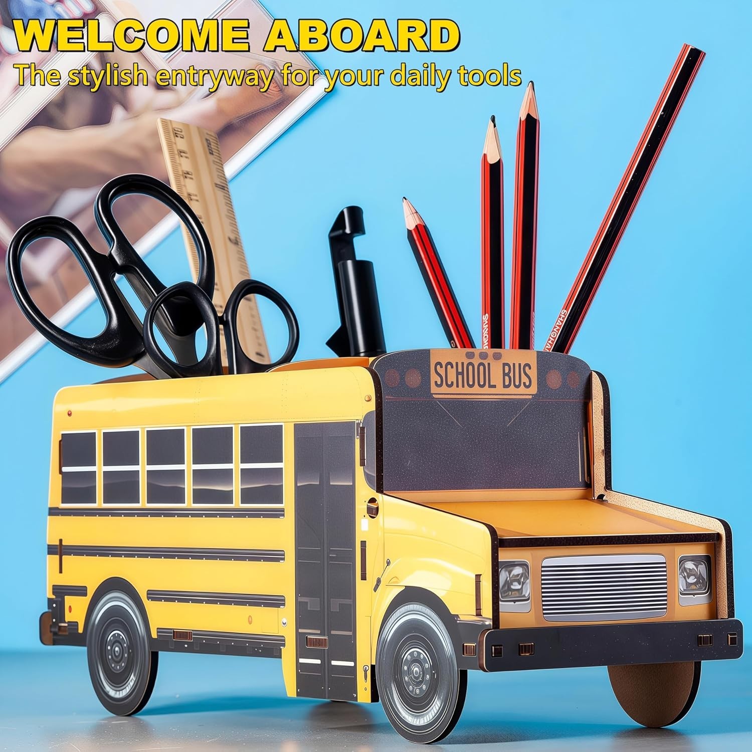 Cute Wooden School Bus Desk Decor & Pencil Holder – Retro Yellow Vehicle ….