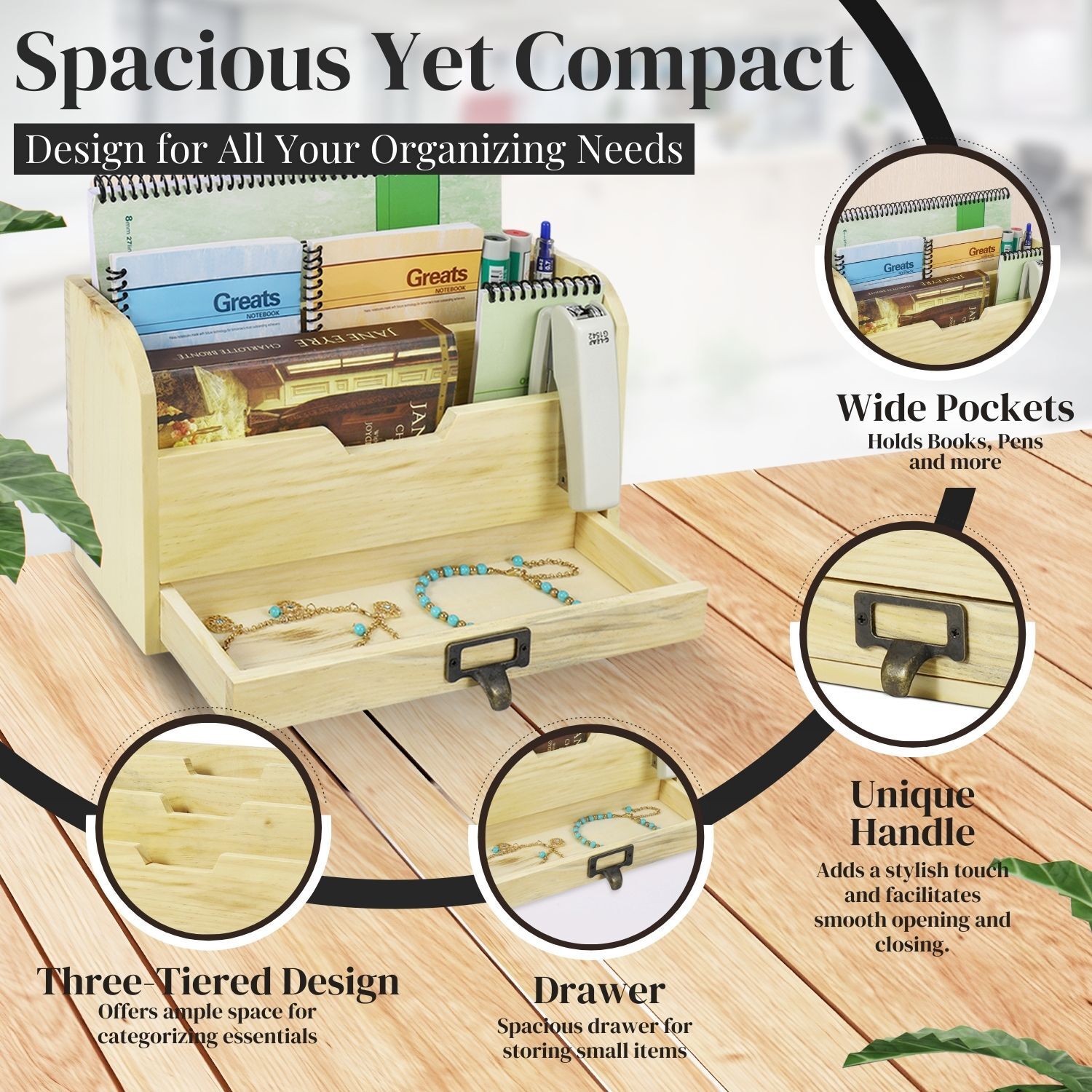 3 Tier Wood Desk Organizer – Wooden Mail Organizer with Drawer for Mail