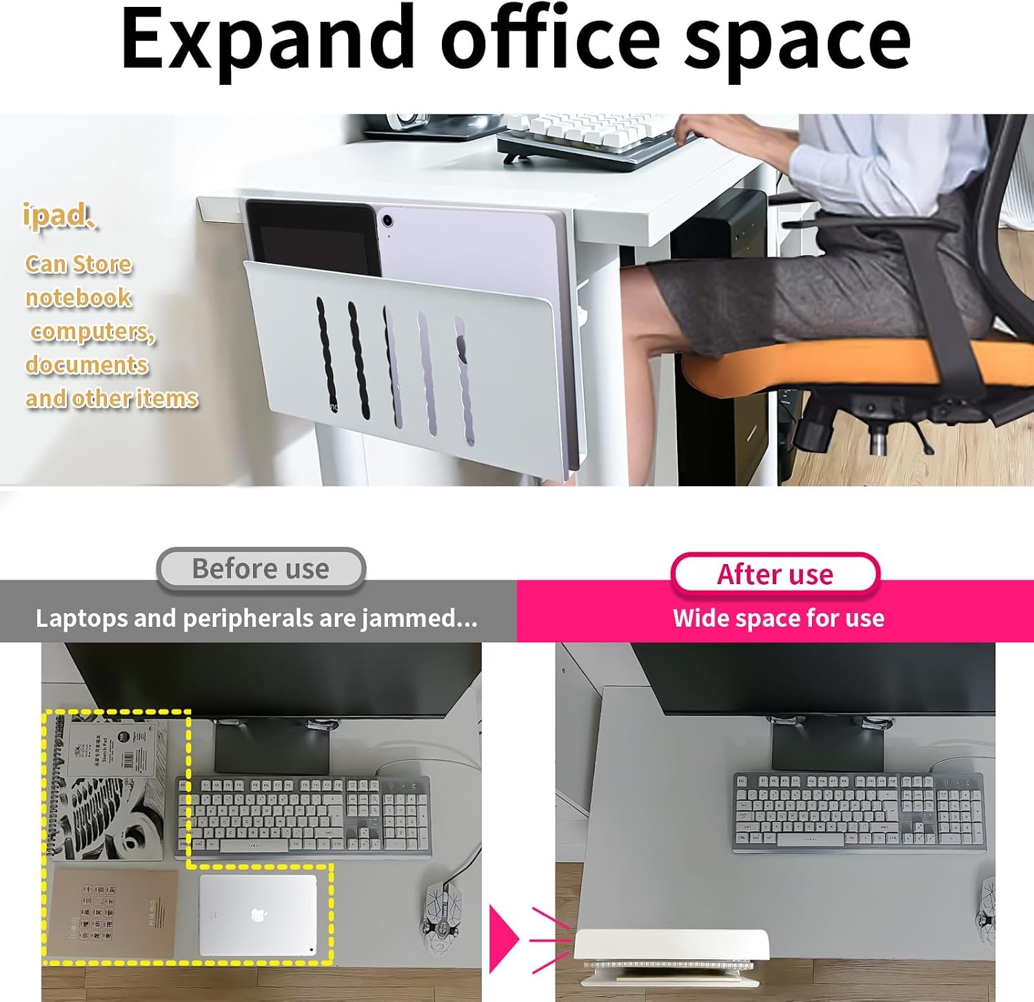 Desk Side Storage, Under Desk Storage, No Drill Steel Hanging Desk Organizer