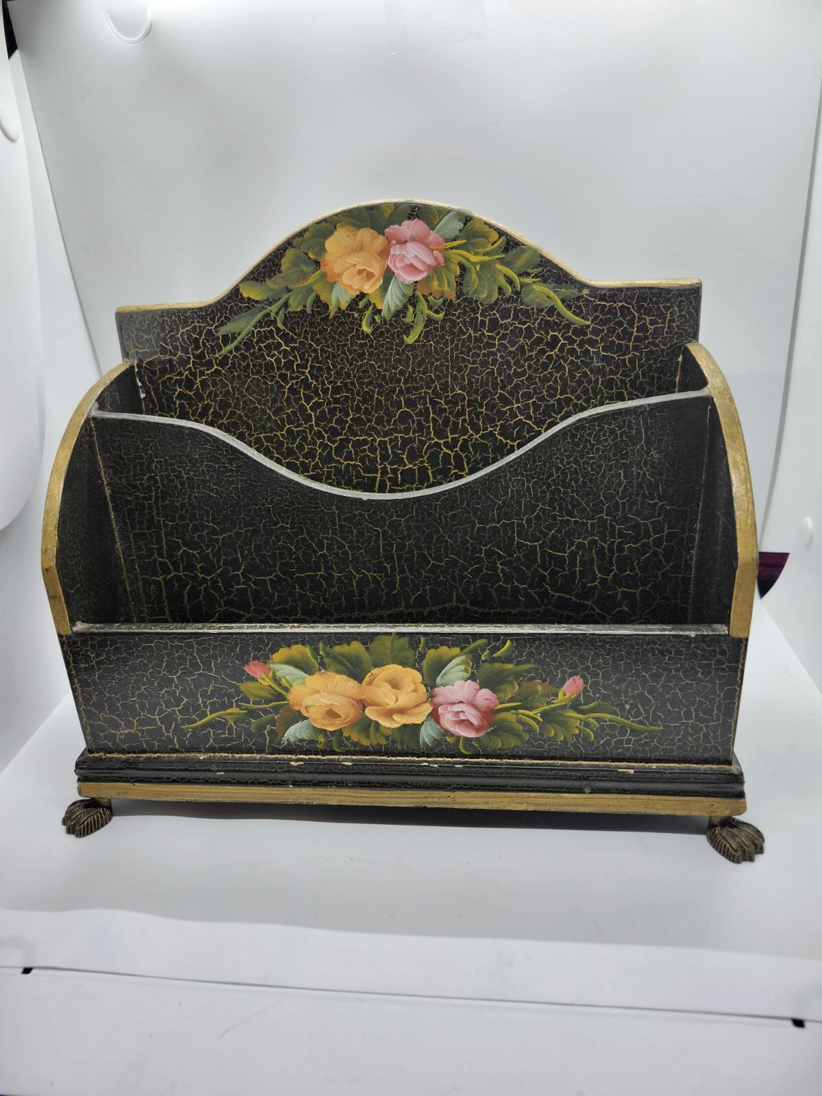 Handpainted Vintage Desk Organizer Rose Maling Wooden W/brass Feet