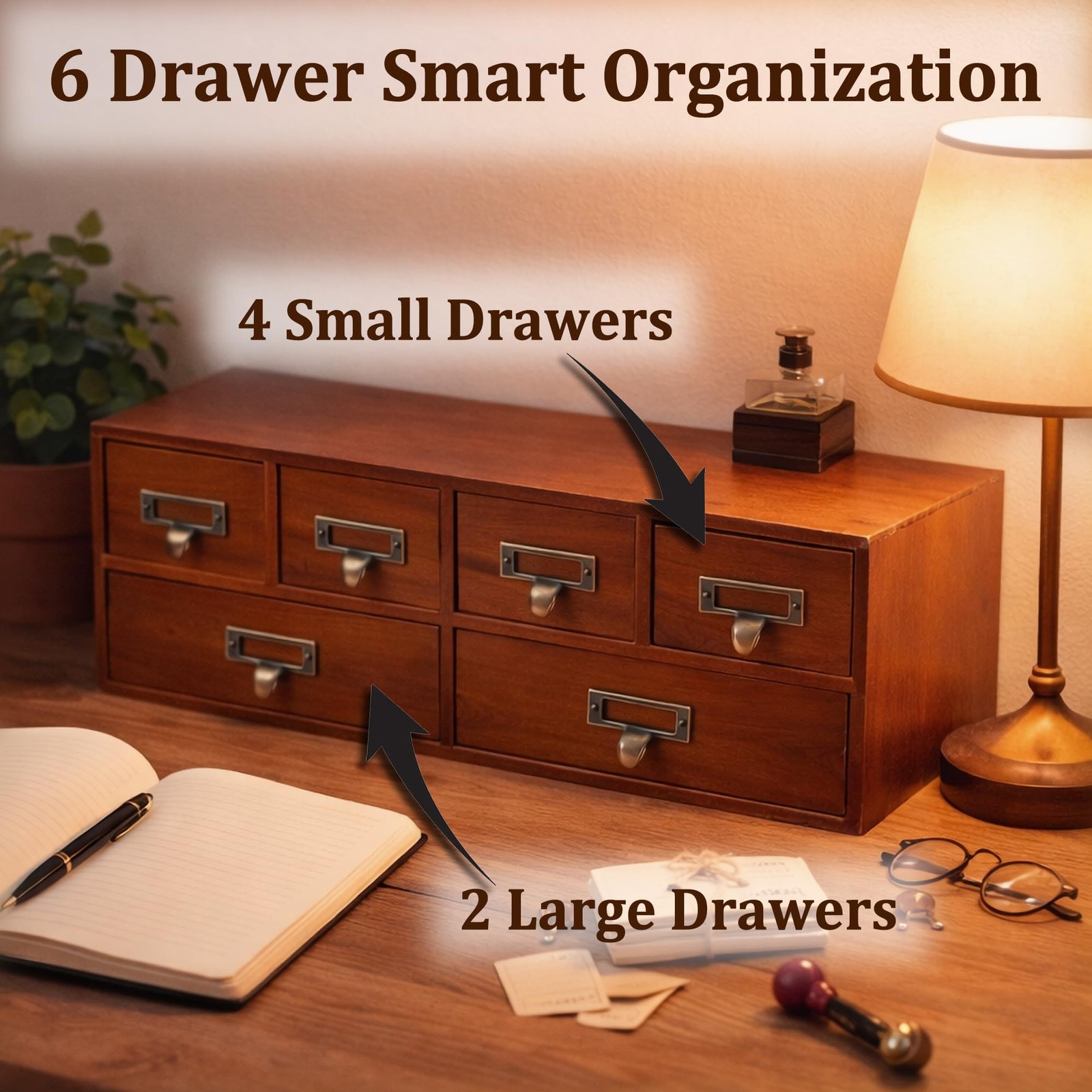 6 Drawer Vintage Apothecary Desk Organizer, Wooden Card Catalog Storage Brown