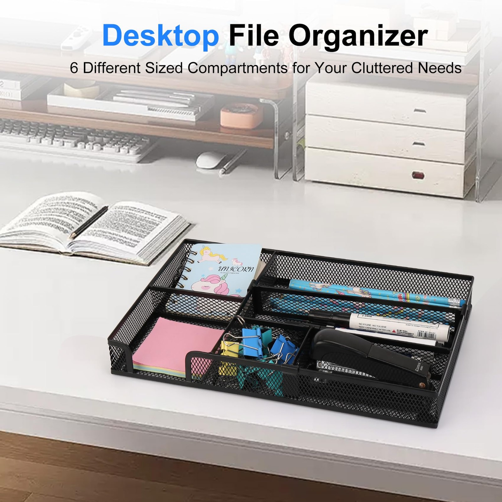 Desk Drawer Organizer Tray with 2 Adjustable Compartments, Metal Mesh Black