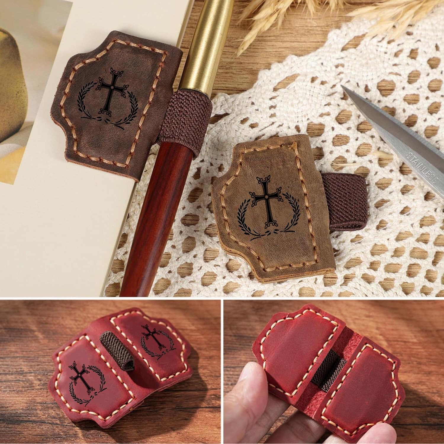 Mao’er 2-in-1 Genuine Leather Pen Clip Bookmark, Cross Bible Bookmark Brown