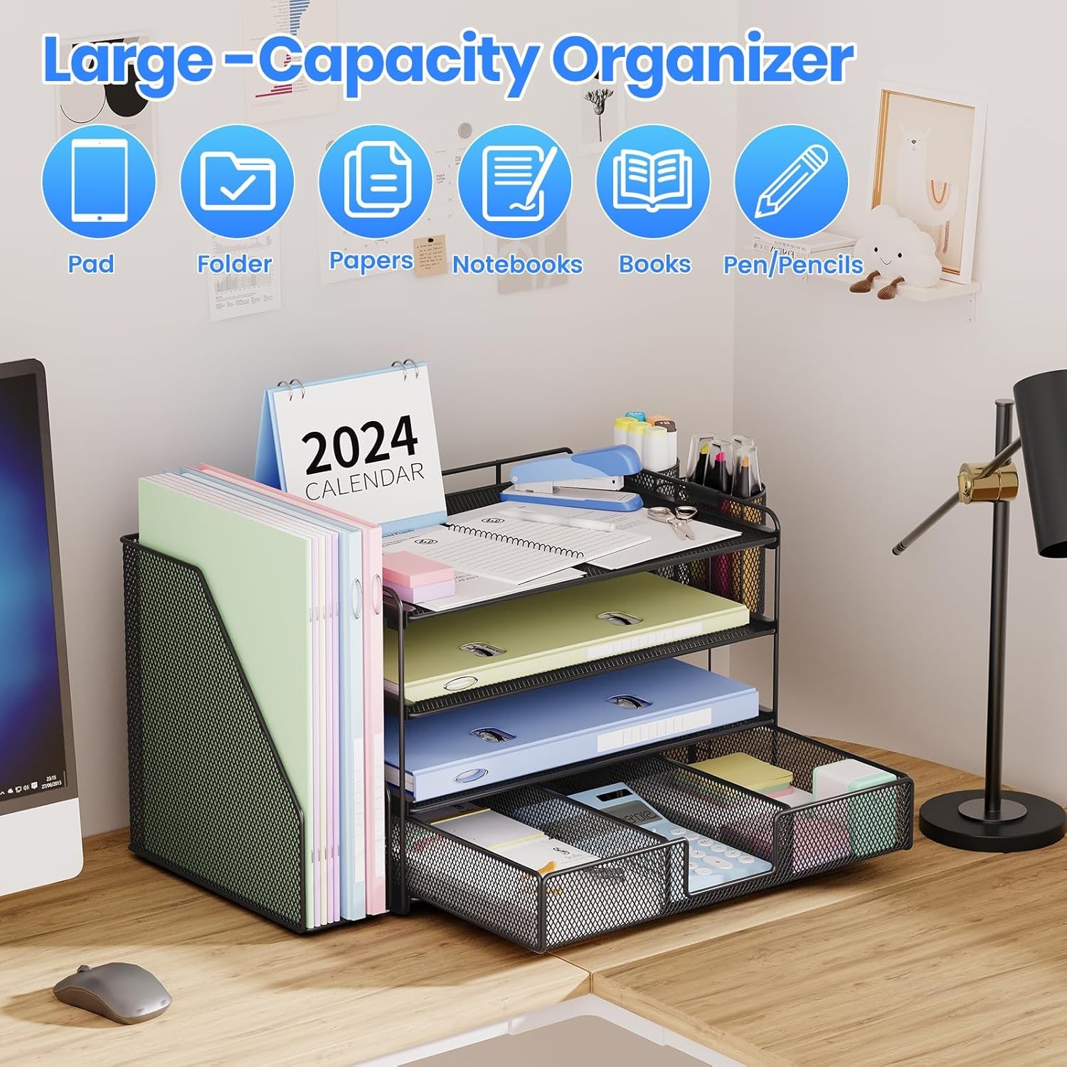 4-Tier Desk Organizer with Drawer & Pen Holders – Office Supplies (Black)