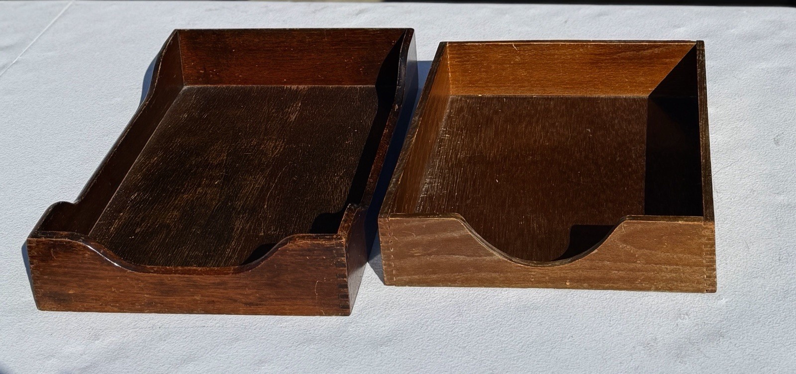VINTAGE MCM WALNUT DOVETAILED WOODEN LETTER TRAYS SET OF 2 OFFICE PAPER FILES