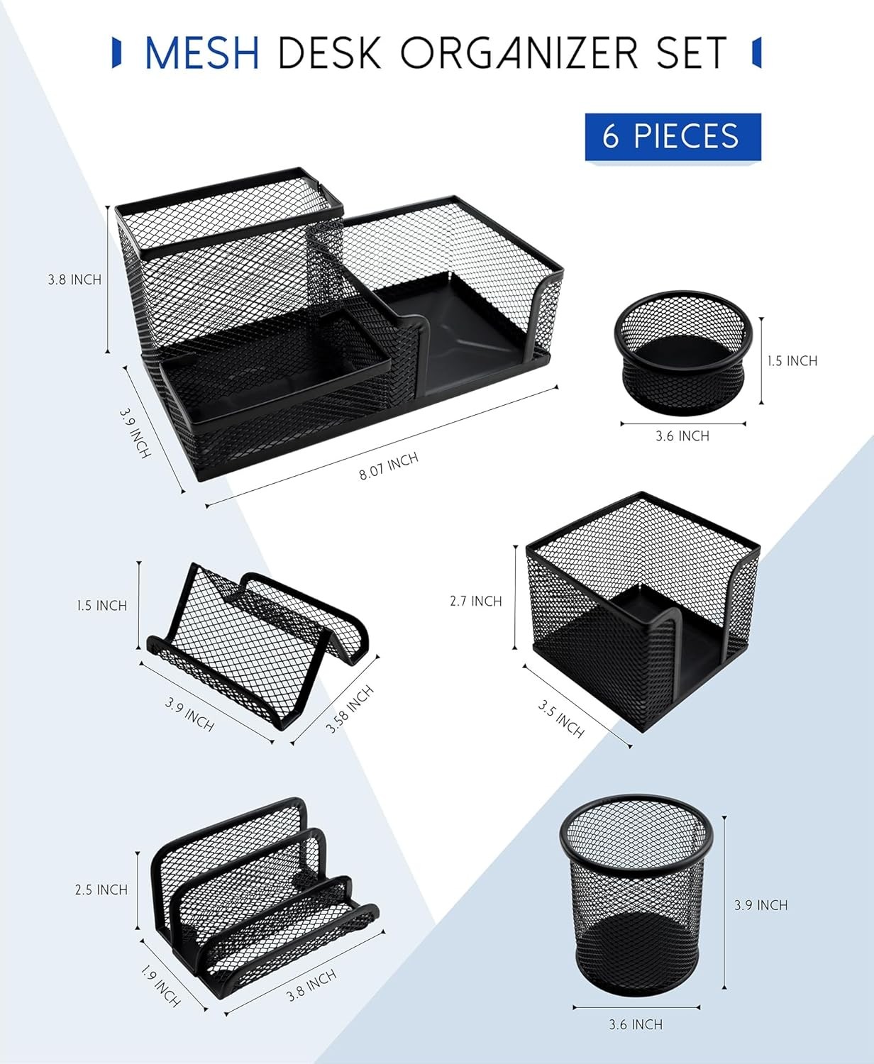 6 Piece Mesh Desk Organizer Set Office Supplies Pen Holder Phone Stand Black Kit