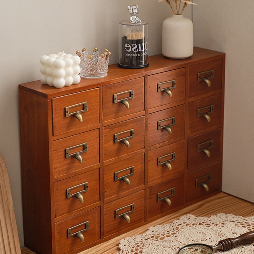 Vintage 16 Drawers Tabletop Library Card Catalog Cabinet Apothecary Storage Box