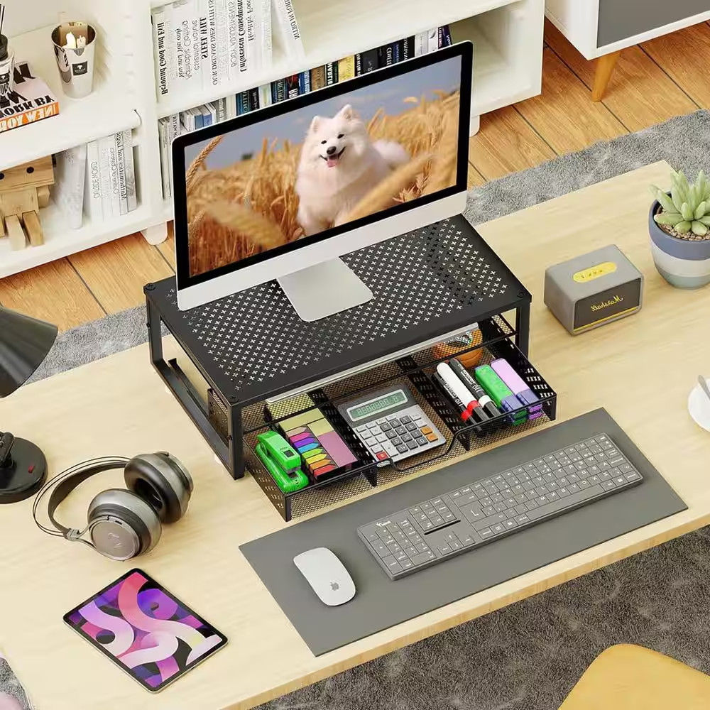 Black 16 In. X 6.3 In. Metal Modern Desk Organizer Stand with Drawer
