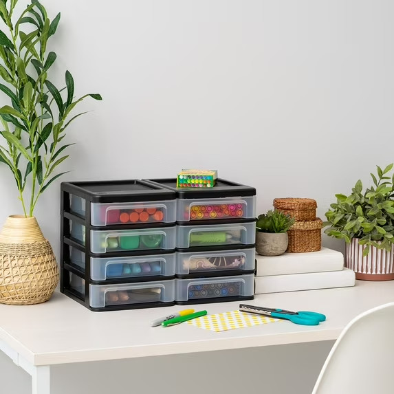 IRIS Small 4-Drawer Compact Desktop Organizer, Stacking Desktop Unit, Black-Clea