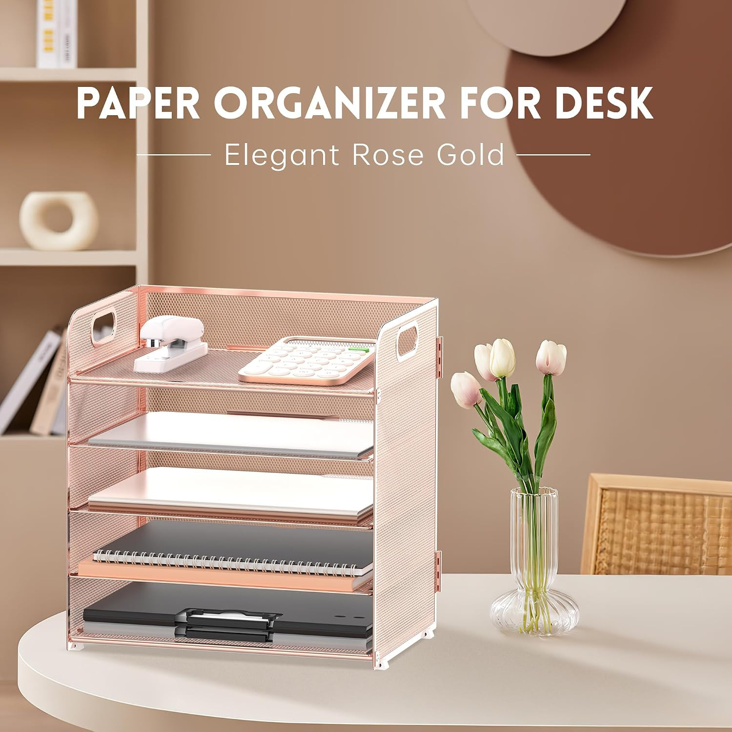 5 Trays Paper Organizer Letter Tray with Handle-Mesh Desk File Organizer, Paper