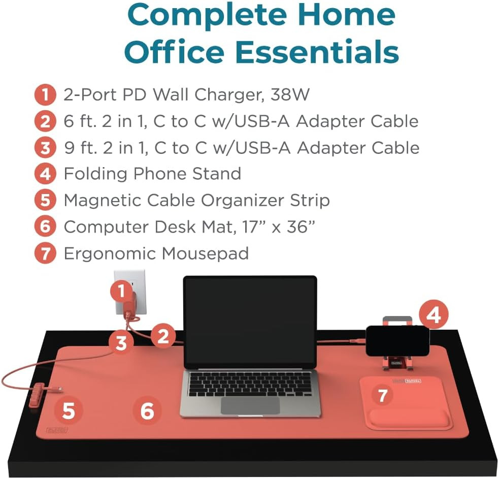 BLACK+DECKER 7-Piece Home Office Kit – Ergonomic Accessories in Coral Rose