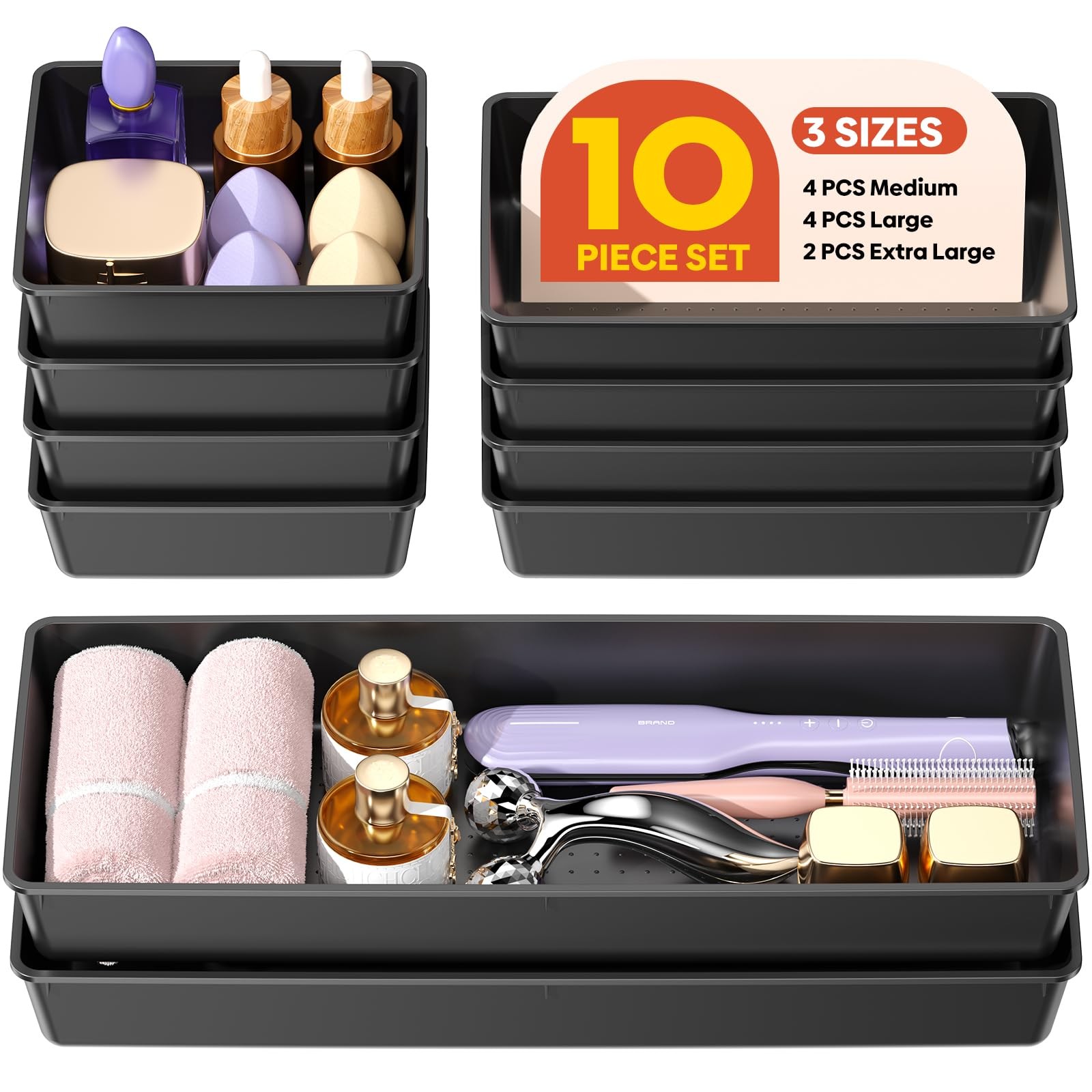 MLIKLU 10 Pack Large Size Plastic Drawer Organizers Set, 3 Sizes Desk Black