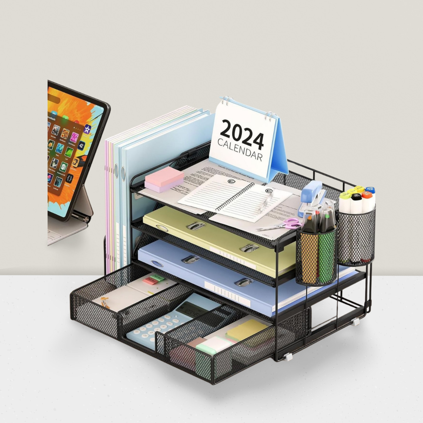 Desk Organizers 4-Tier Paper Organizer with File Holder and 2 Pen Holders Black