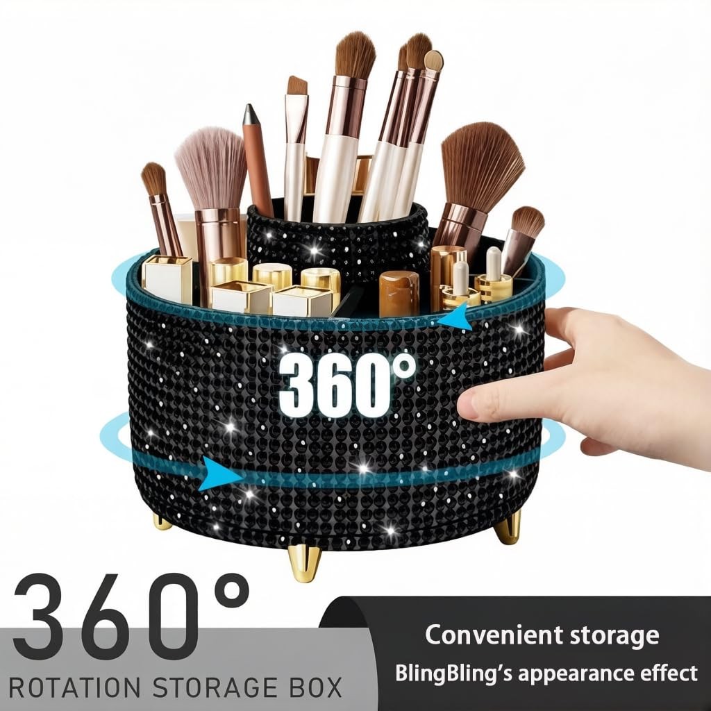 Bling Makeup Brush Holder,360° Rotating Diamond Black