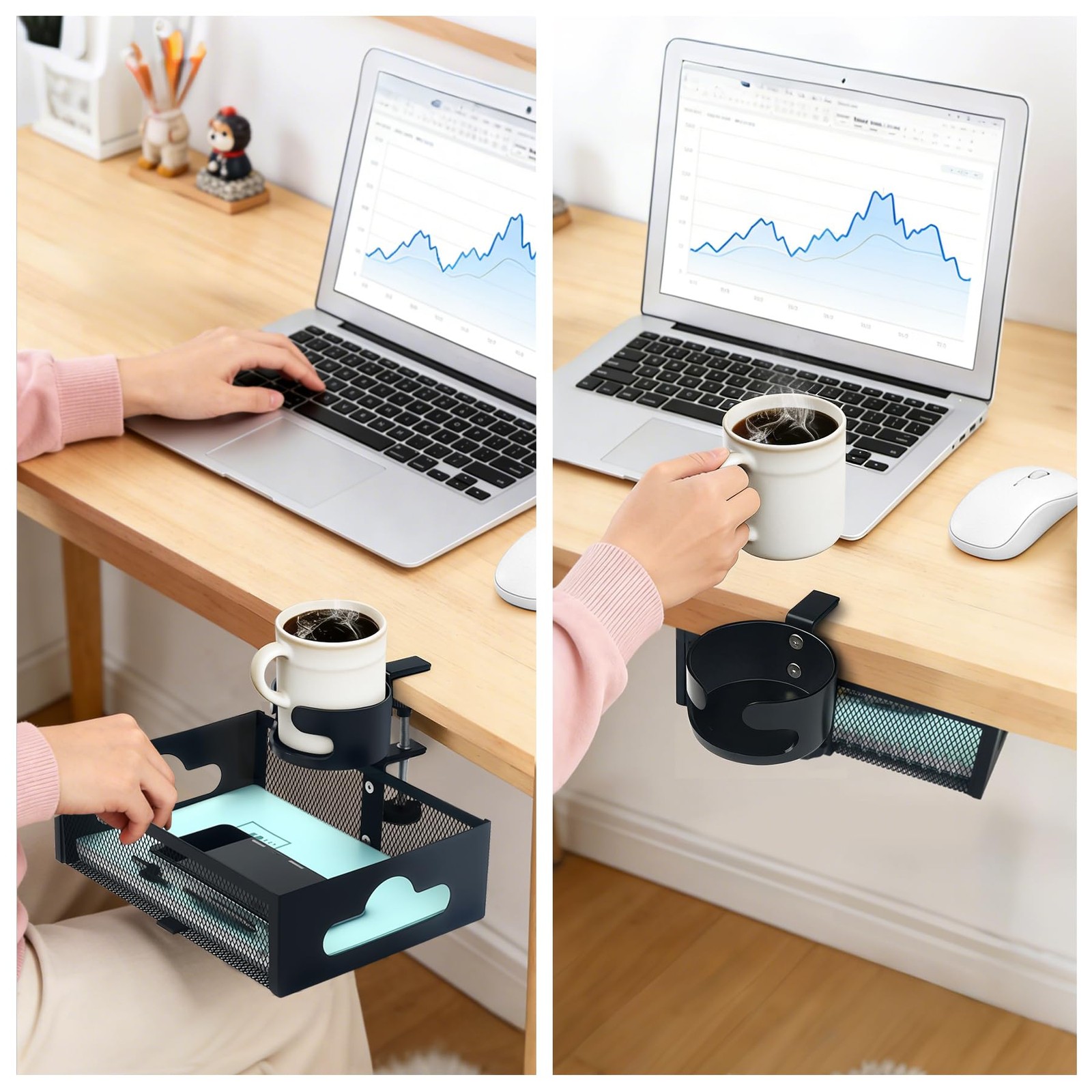 grnpeak Under Desk Organizer 360° Swivel Cup Holder, NoDrill ClampOn, Holds U…