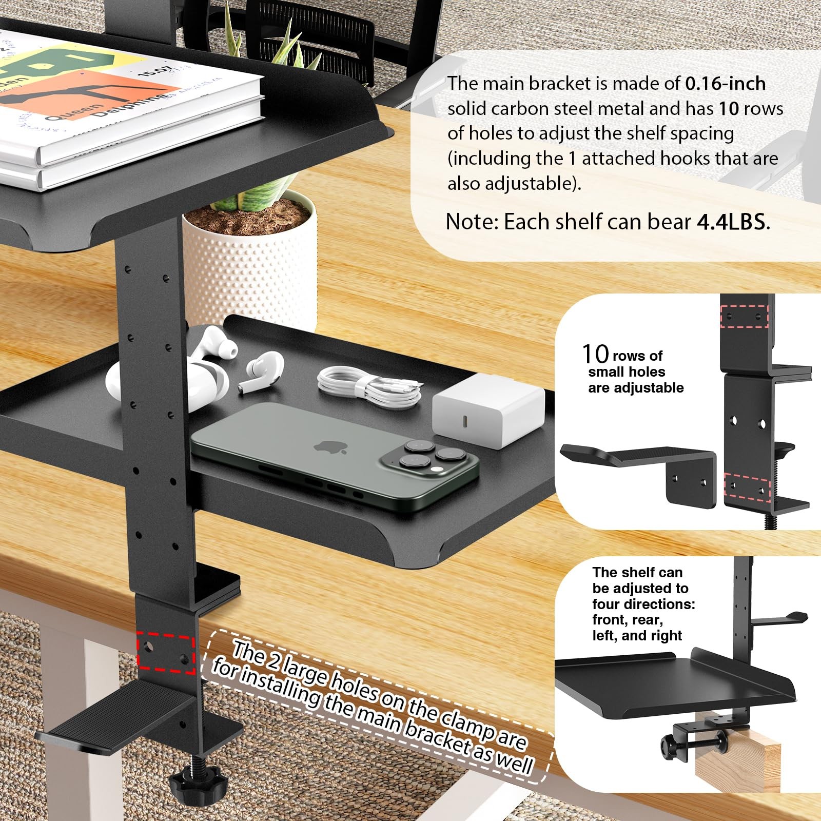 ROLIZOE 3 Tier Clamp On Desk Shelf, No 17.56 x 11.02 x 6.89 inches, Black