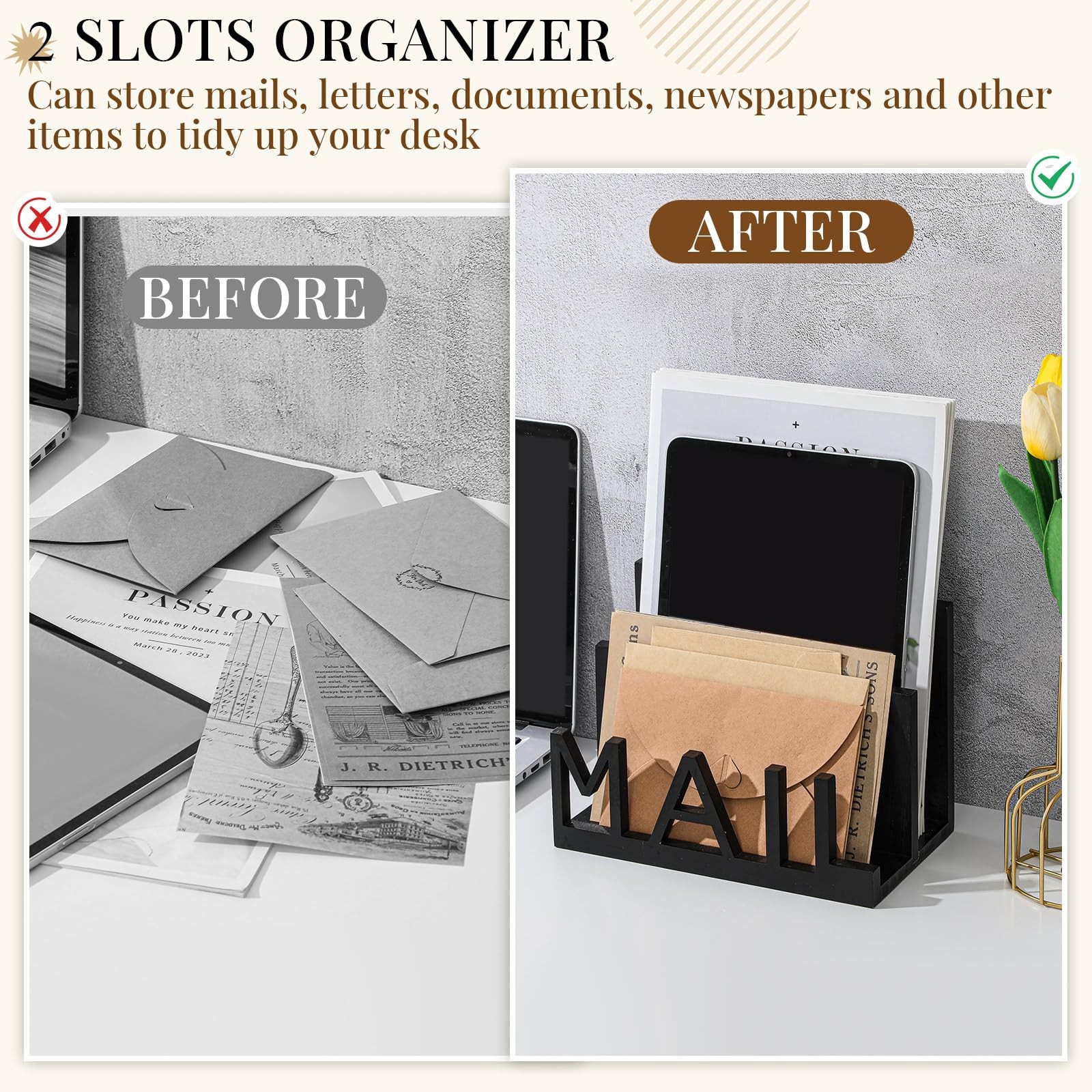 Mail Holder Wooden Organizer Black Countertop Cutout Lettering Desktop Rack
