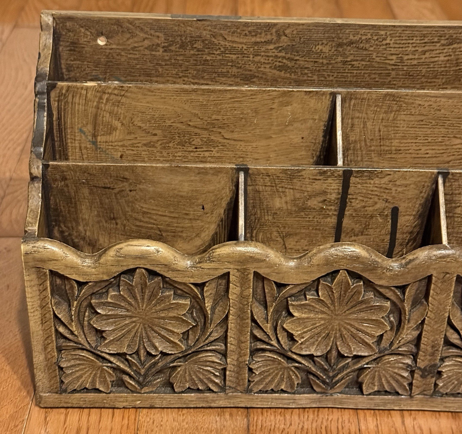Vintage Lerner Desk Organizer Sorter Caddy Faux Carved Wood Mail Bills Utensils