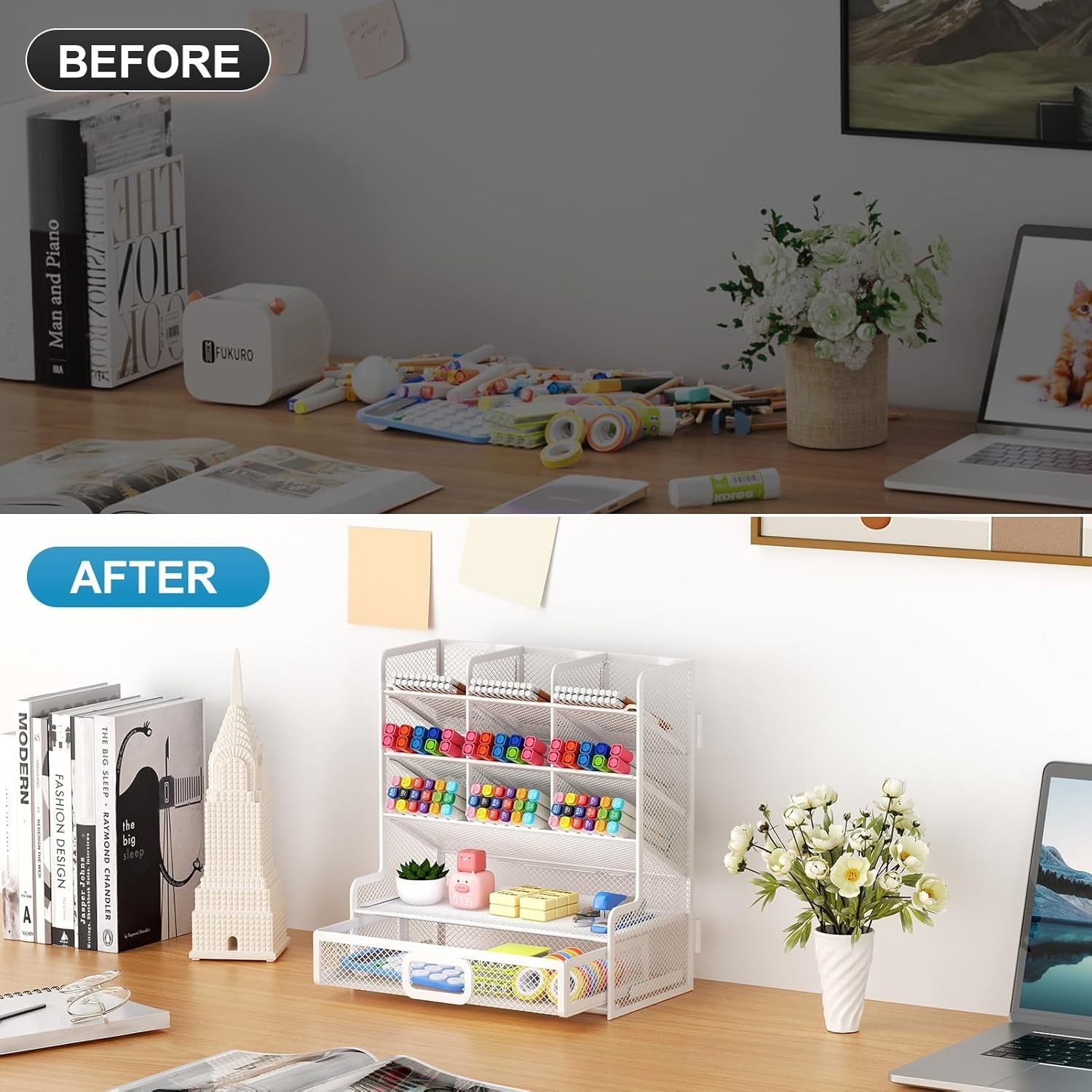 Larger Mesh Desk Organizer with Drawer, Multi-Functional Pen Pencil Holder, E…