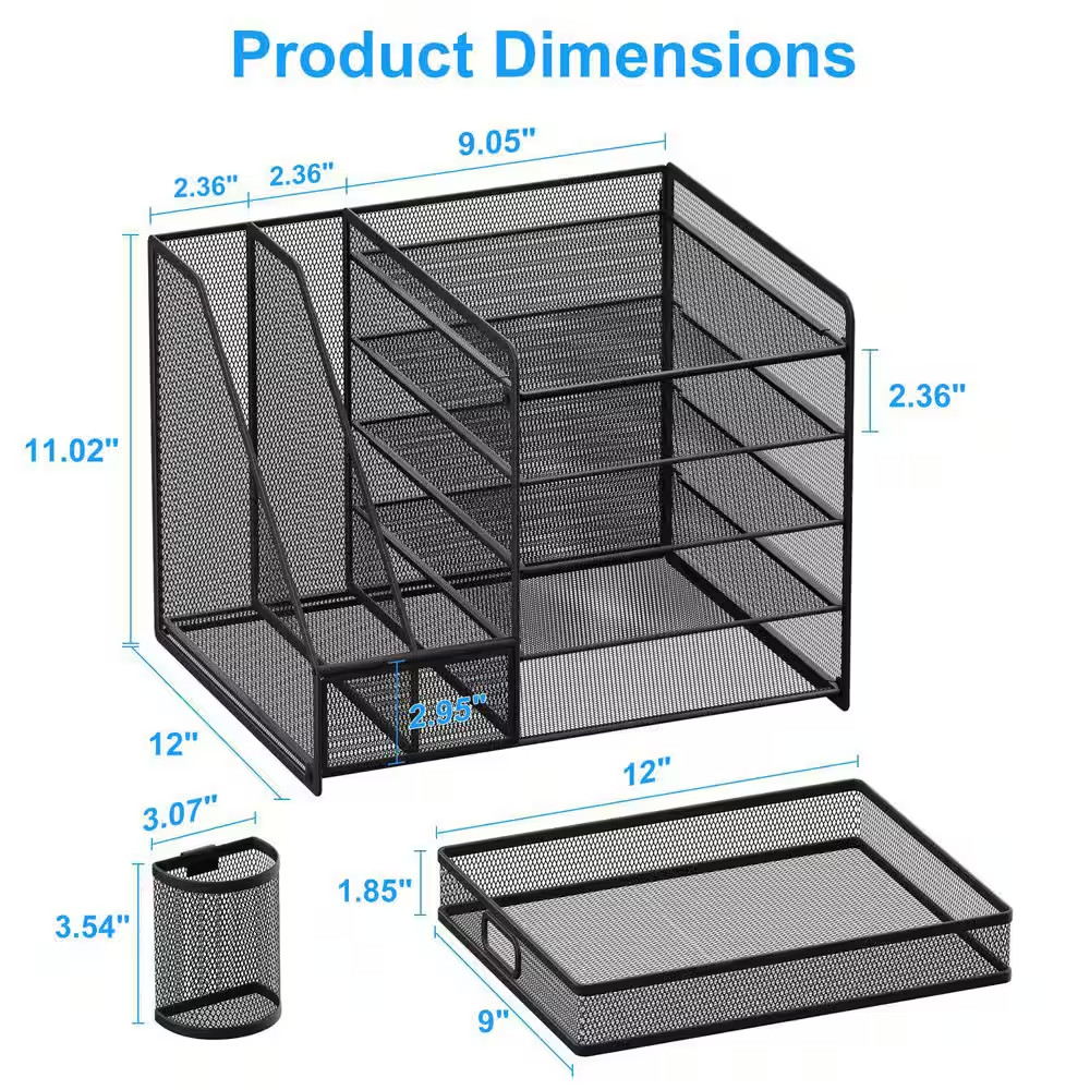 Black 13.77 In. X 11.02 In. Metal Desk Organizer with Sliding Drawer and 2 Pen H