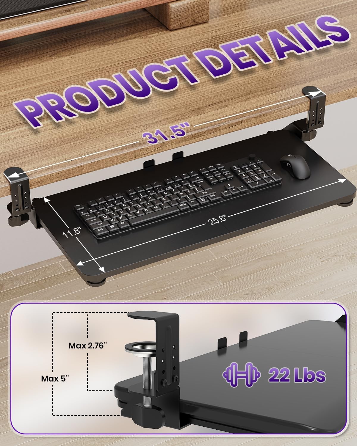 Zontera Ergonomic Keyboard Tray Under Desk, Pull Out with Large, Black