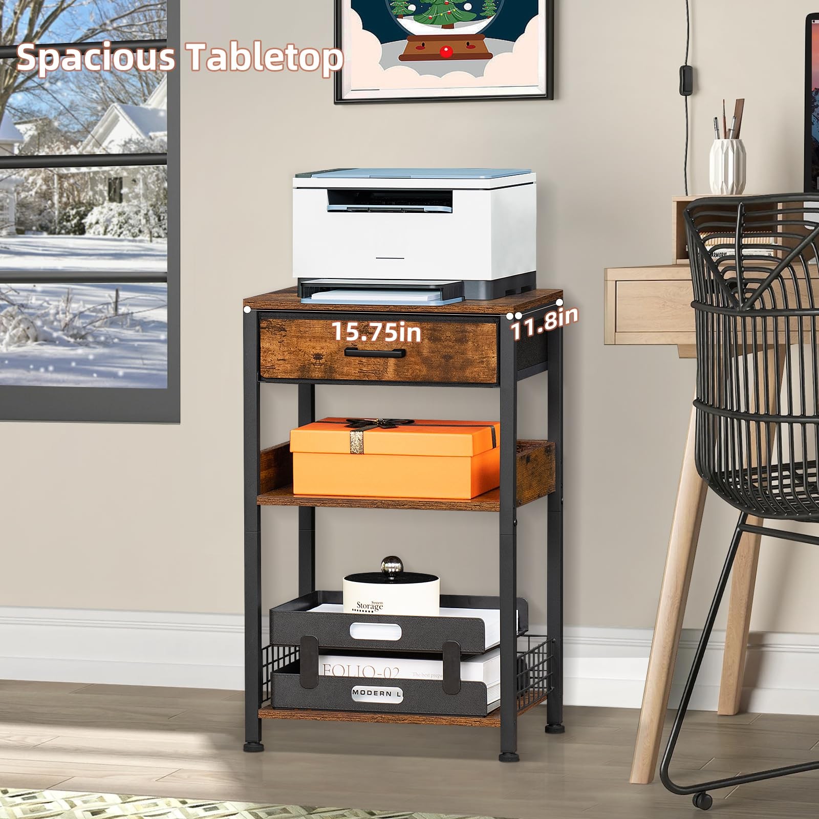 Lerliuo End Table with Fabric Drawer,3 Tier Industrial Wood 1 pack, Brown