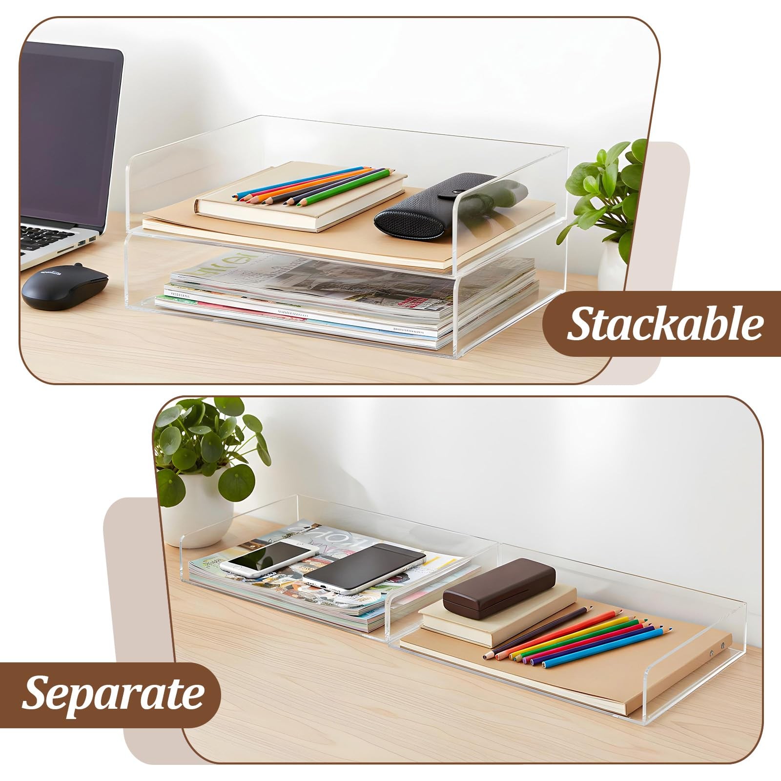 2 PCS Clear Acrylic Stackable Paper Letter Tray File Organizer 12.4×8.7×2.75