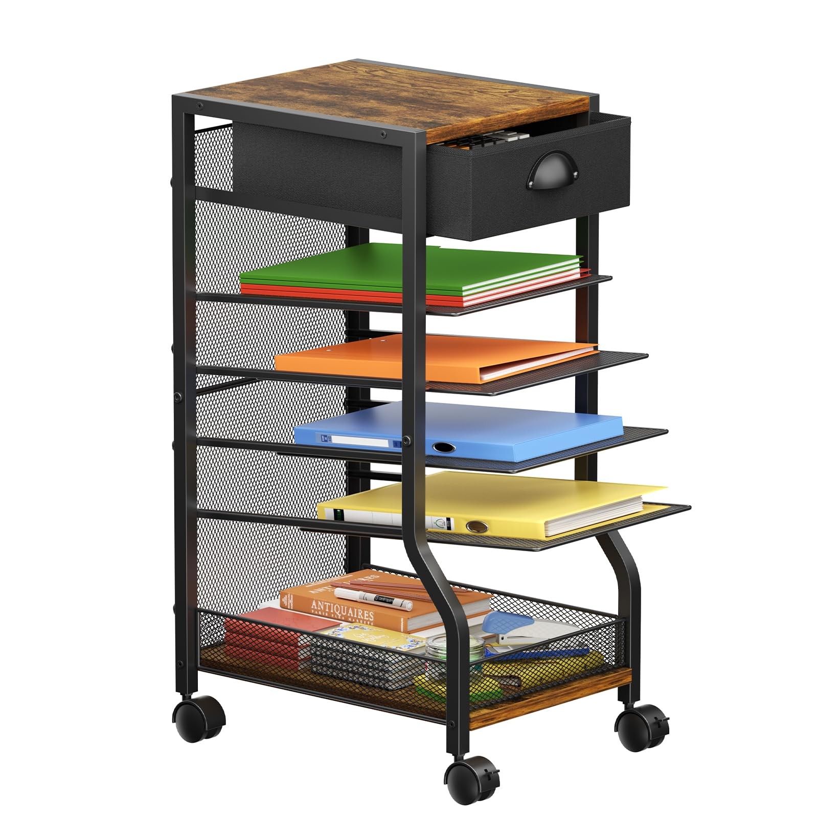 6-Tier Rolling File Cart with Drawer, Under Desk Storage with Paper Letter Sl…