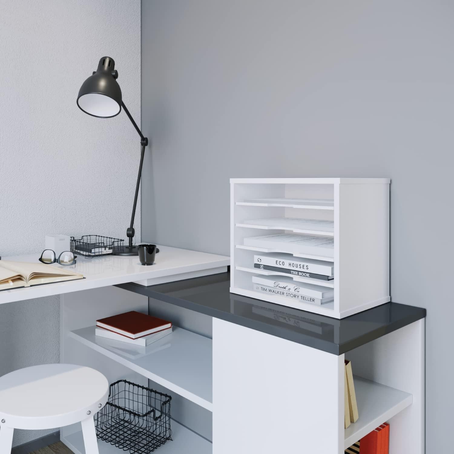 White Desk File Organizer, 5 Tier Adjustable Shelves