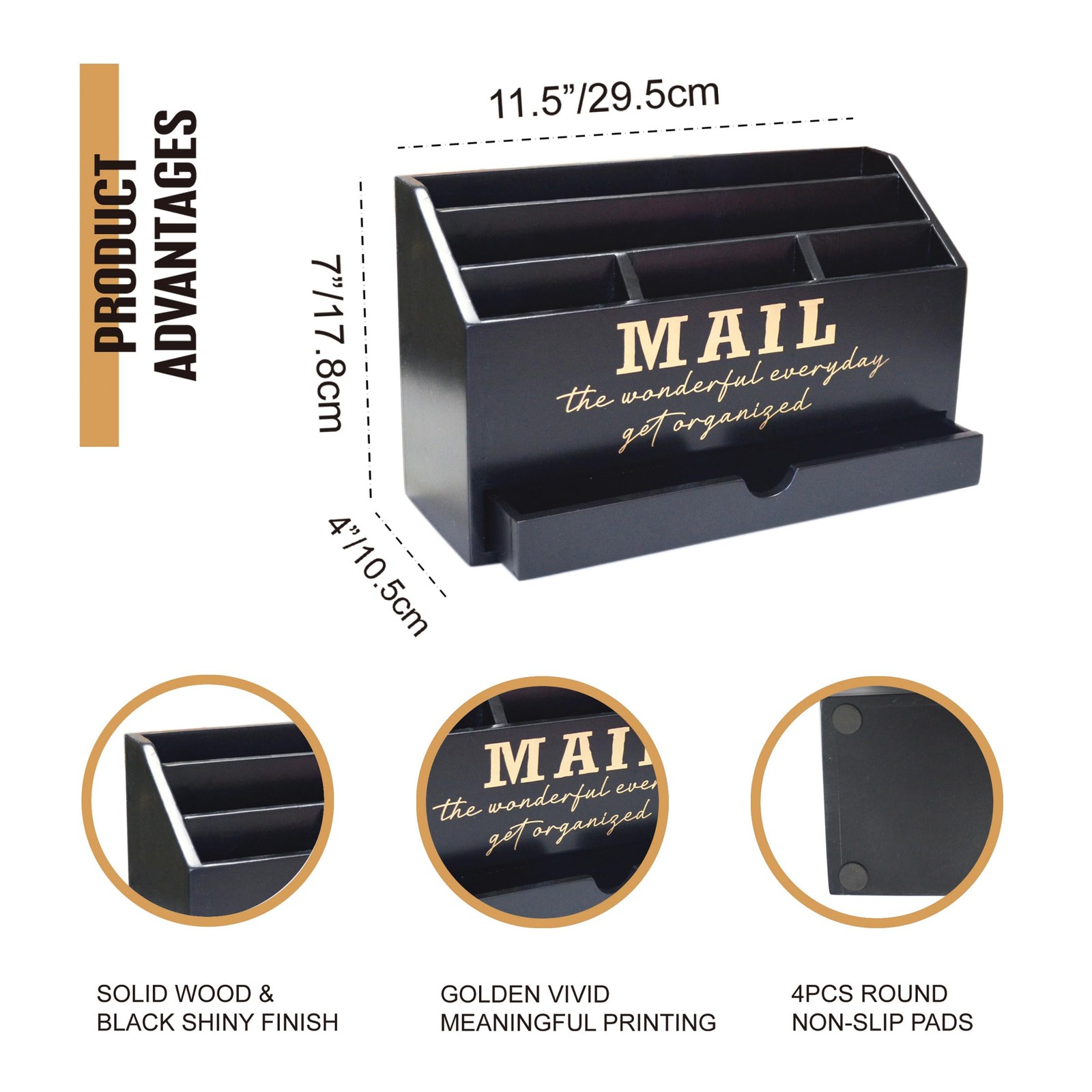 Wooden Black Rustic Countertop Mail Storage Holder with Drawer and Compartmen…