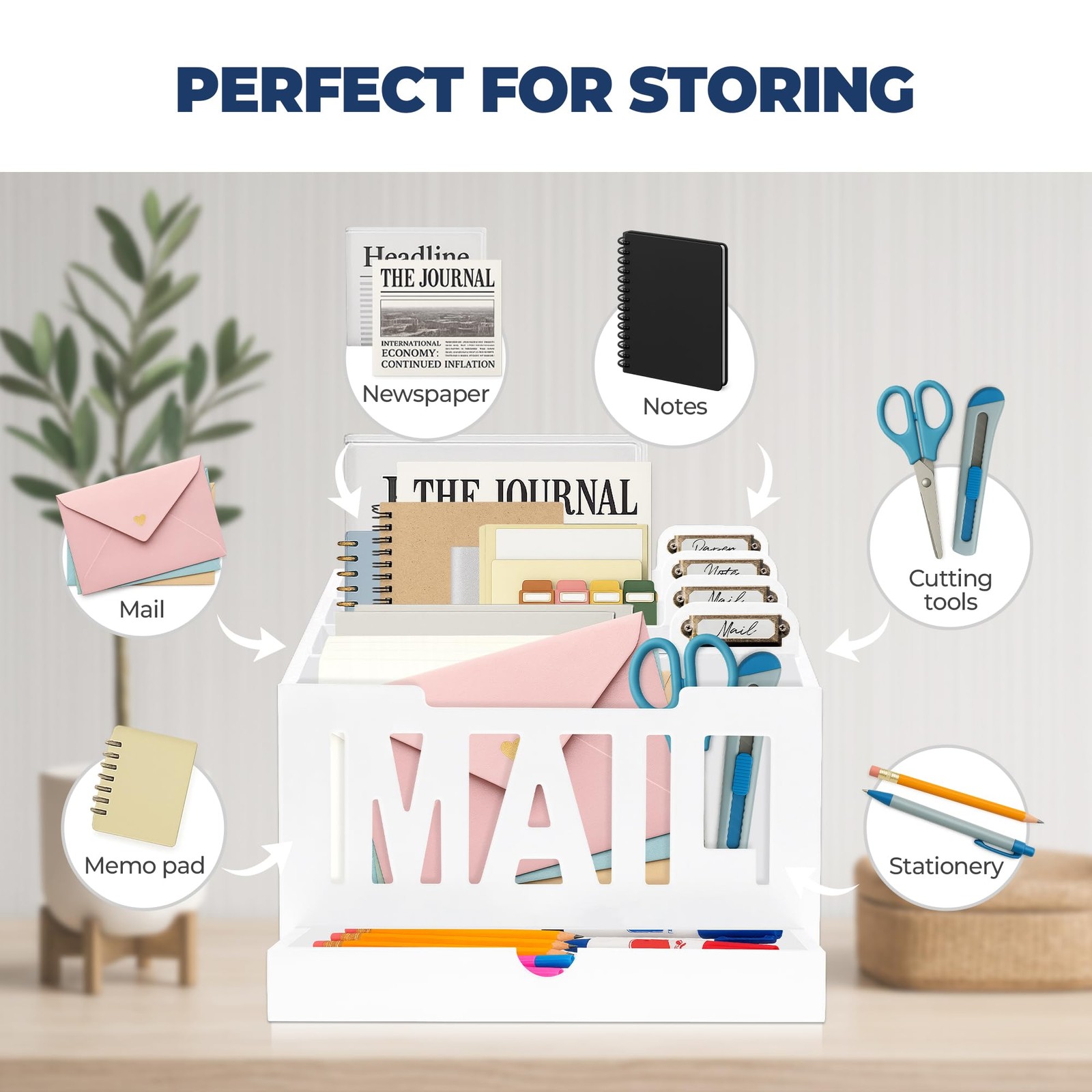 Mail Organizer Countertop, Desktop Sorter with Drawer & Large, White