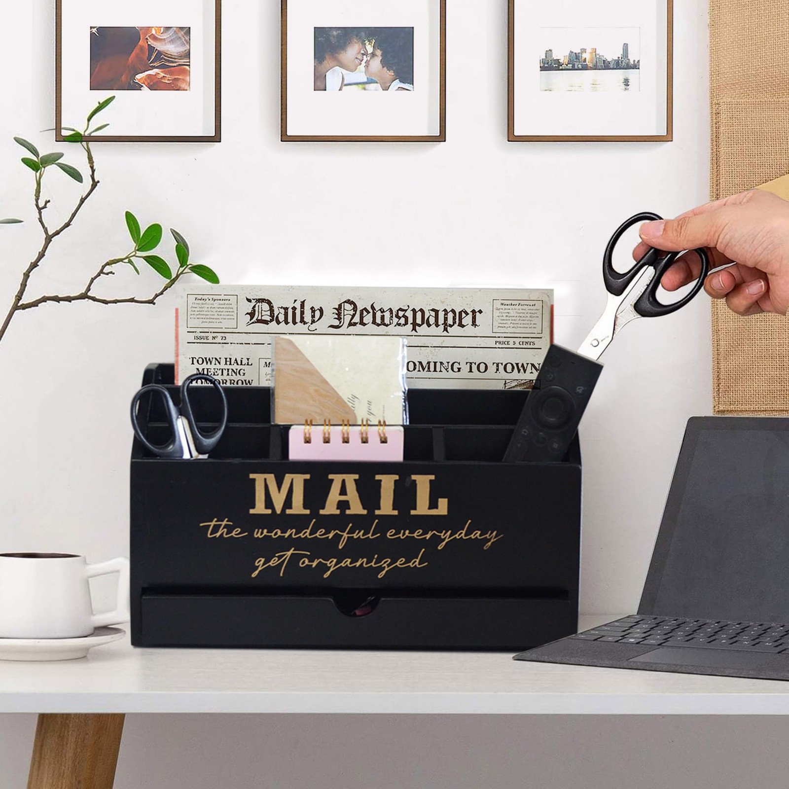 Wooden Black Rustic Countertop Mail Storage Holder with Drawer and Compartmen…