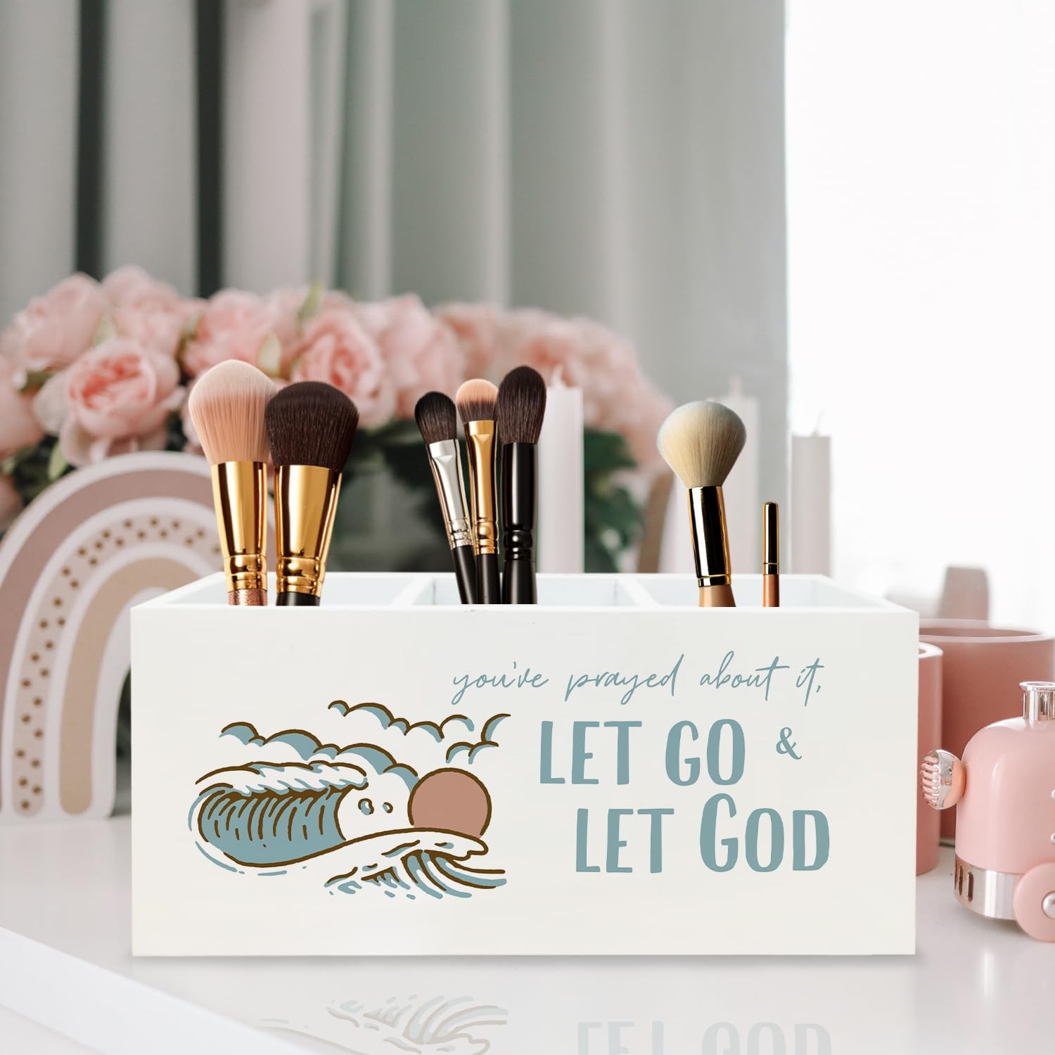 Boho Coastal Beach Christian Pen Holder for Desk, Bible Verse Wooden Sign Des…