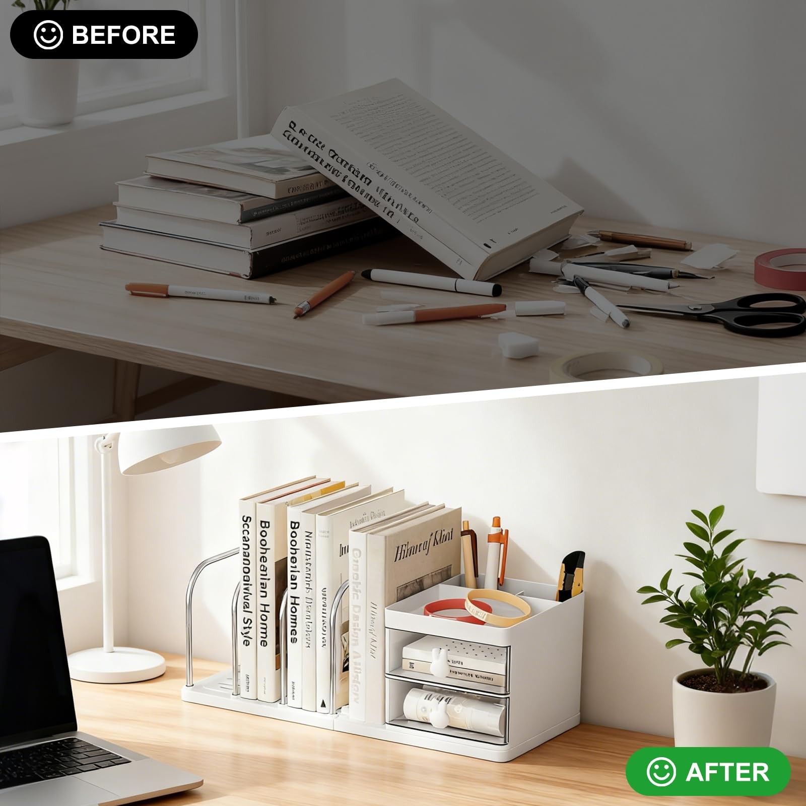 Desk Organizer with 2 Drawer, Desktop File 4 Bookends, White